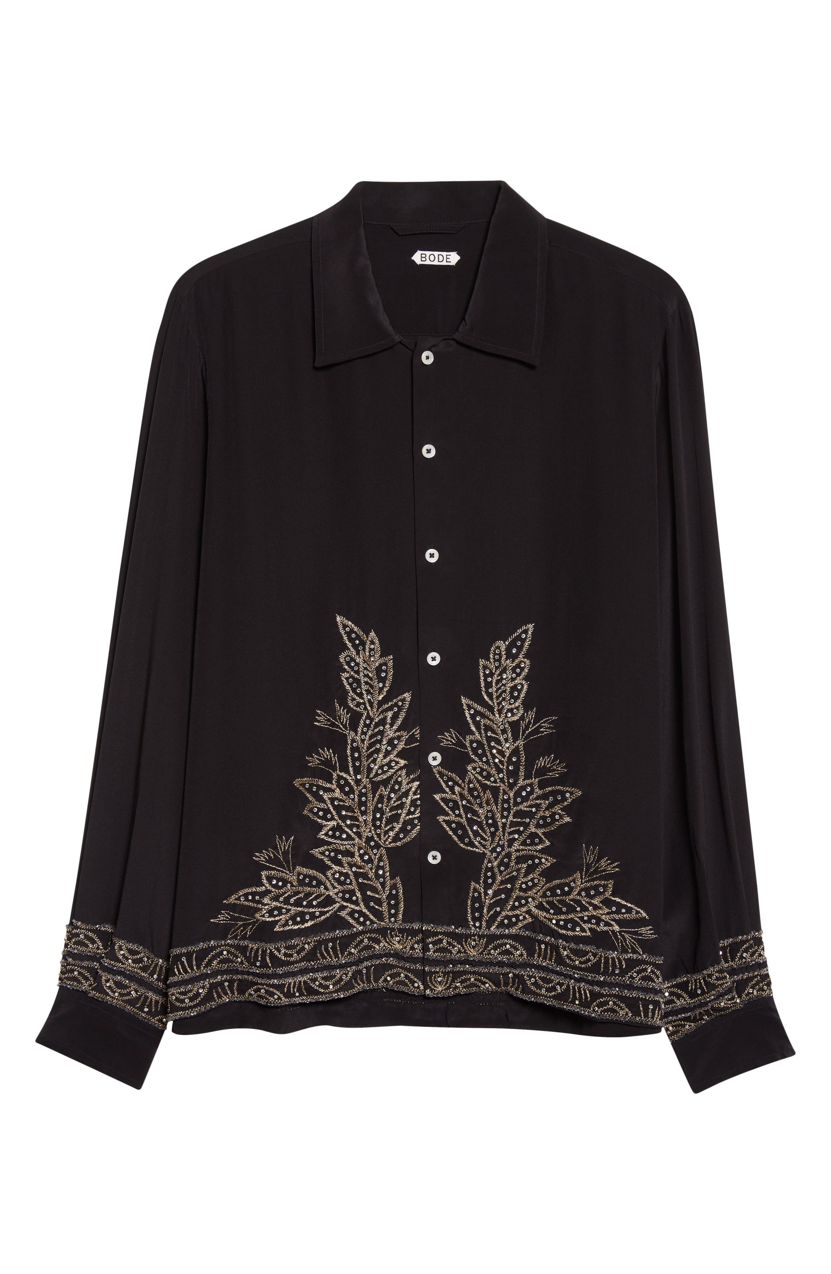 Bode Beaded Epoque Silk Button-Up Shirt in Black at Nordstrom - 5