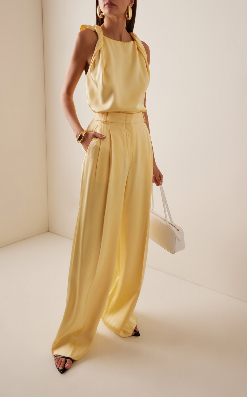 Another Tomorrow Pleated Satin Wide-Leg Pants yellow outlook