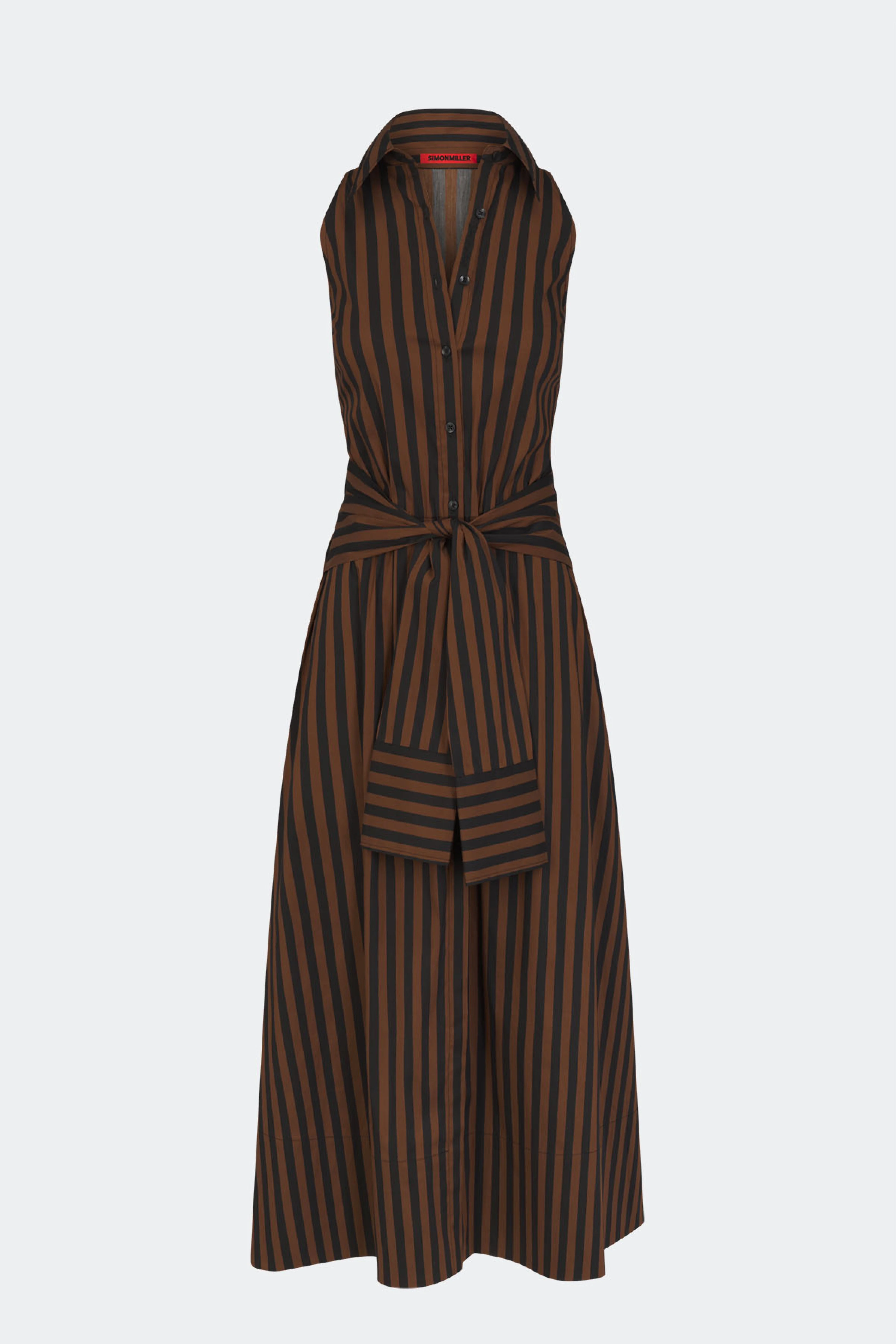 Inna Sleeveless Poplin Dress In Black/Choco Brown Stripe - 1