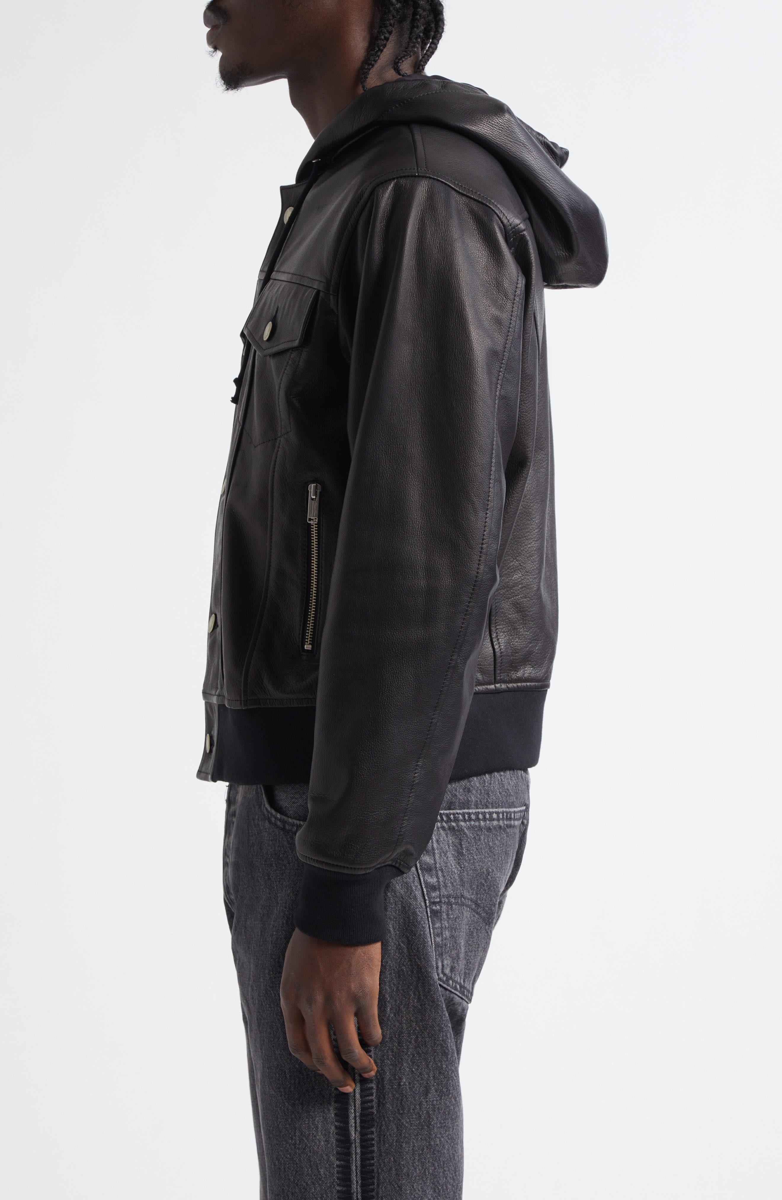 Undercover Hooded Leather Blouson Jacket in Black at Nordstrom - 3