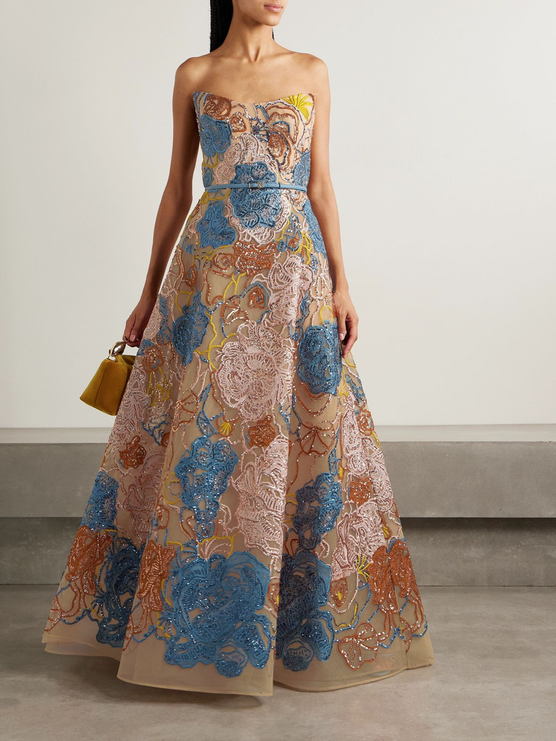 ELIE SAAB Strapless belted sequin-embellished embroidered tulle gown Beige outlook