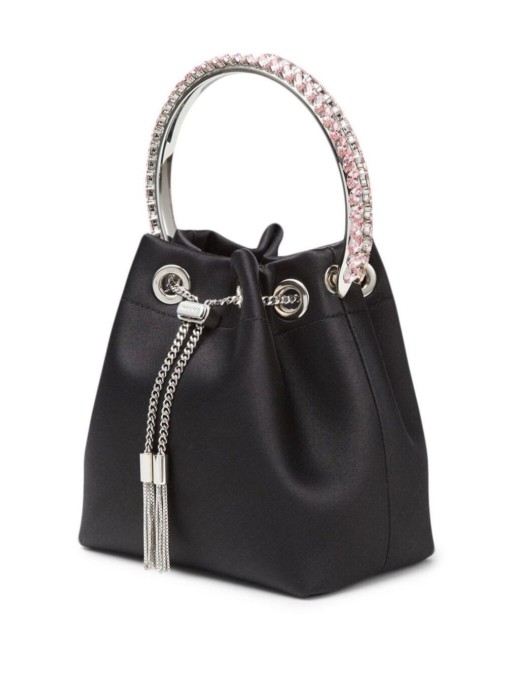 Jimmy Choo Women 'Bon Bon' Mini Black Handbag With Metal Crystal Bracelet Handle In Satin Fabbric Wo - 2