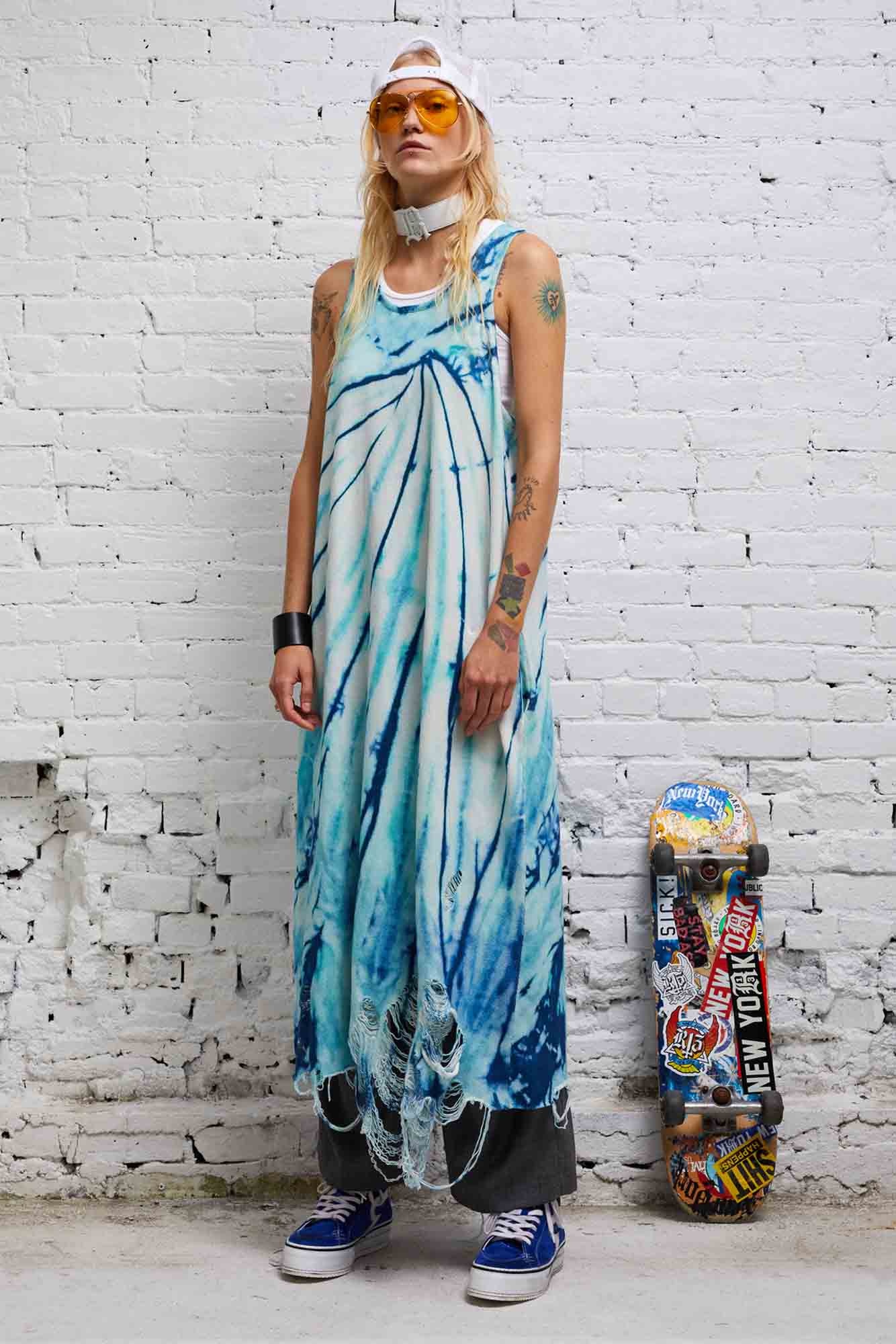 DESTROYED KNIT TANK DRESS - BLUE TIE-DYE - 2