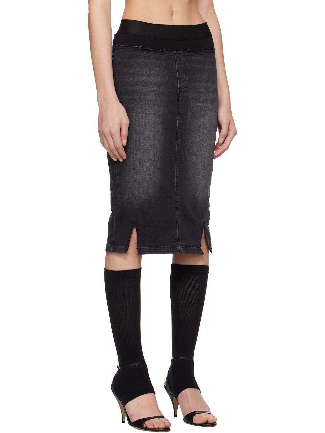 Black Waistband Pencil Denim Midi Skirt - 2