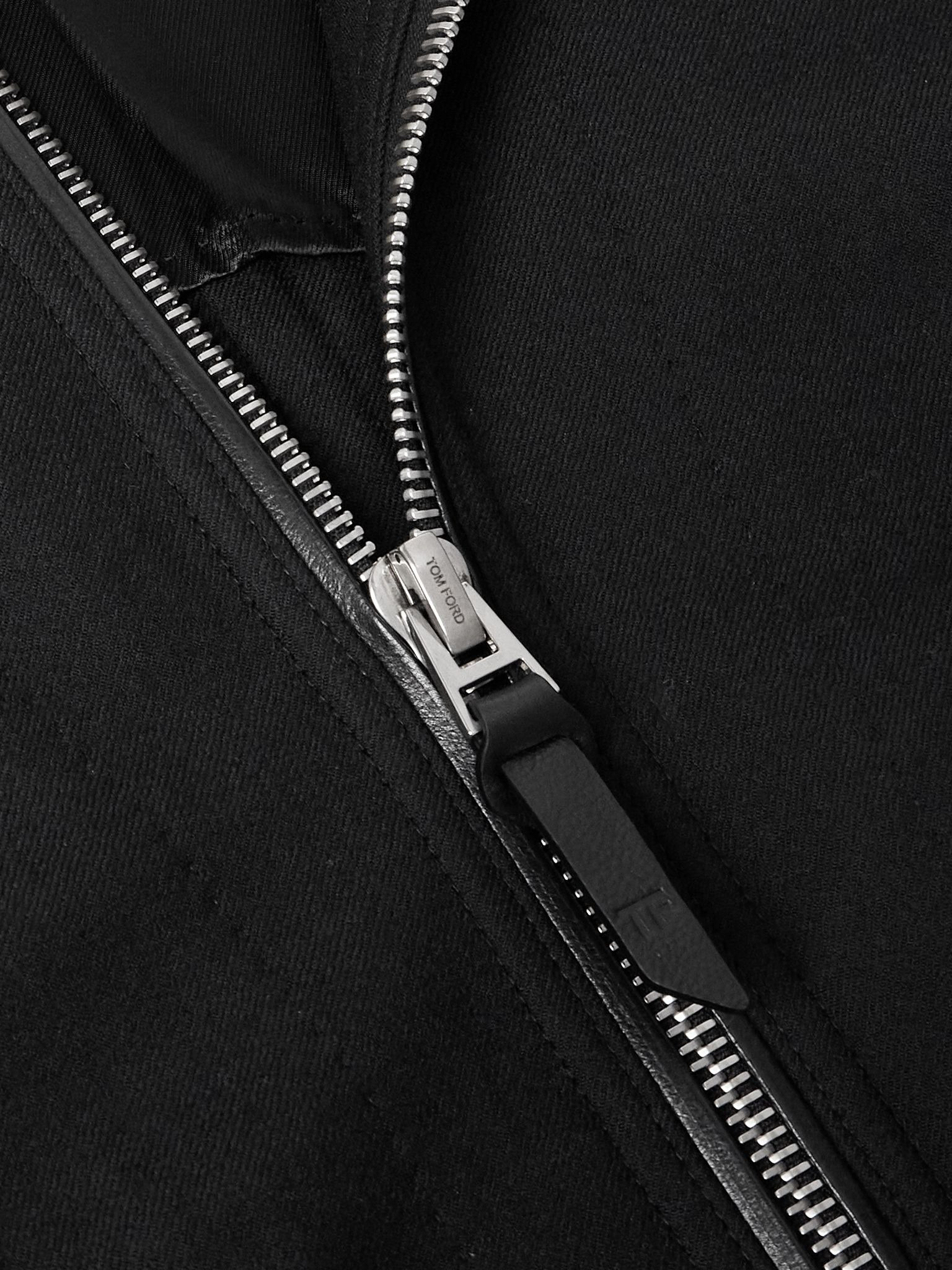 Leather-Trimmed Wool and Silk-Blend Twill Bomber Jacket Black - 5
