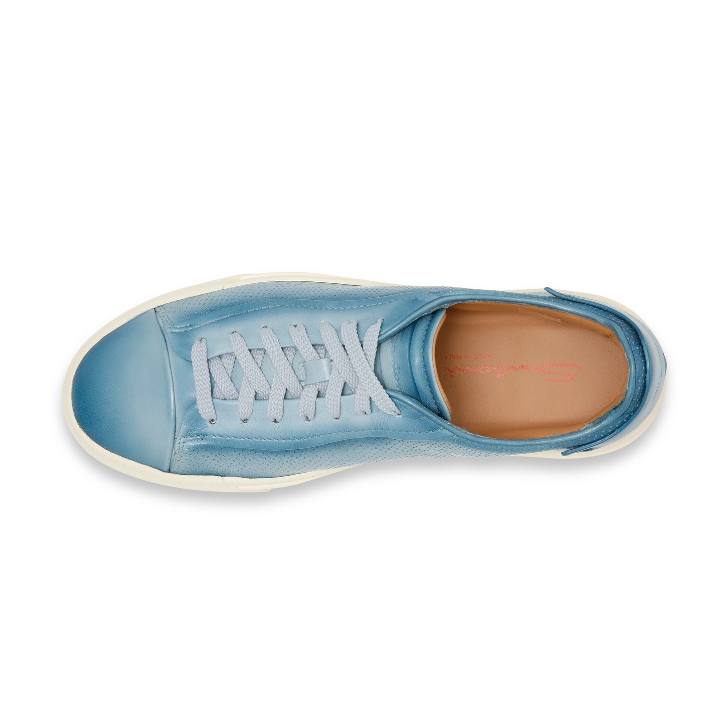 Men's polished light blue leather perforated-effect sneaker - 5