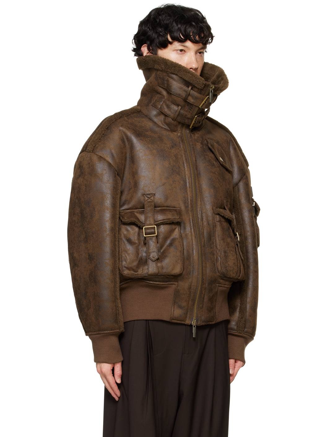 Brown Zip Faux-Leather Jacket - 4