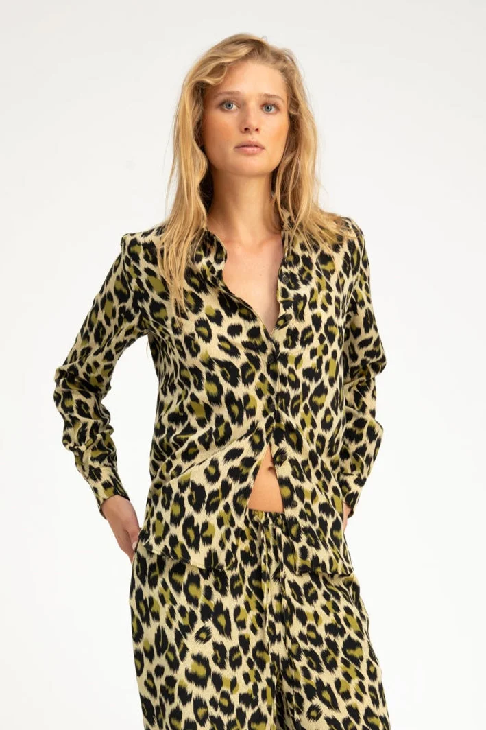 GREEN LEOPARD SILK FITTED BUTTON DOWN - 1