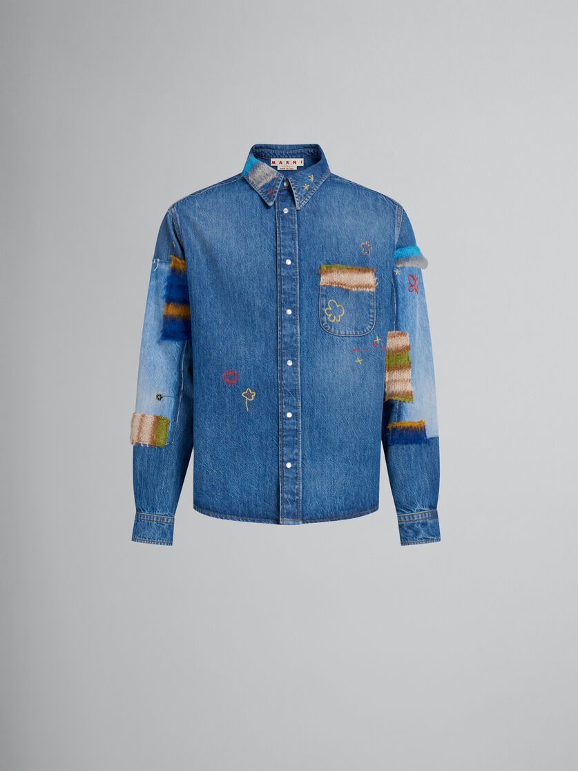 BLUE BIO DENIM SHIRT WITH MOHAIR PATCHES - 1