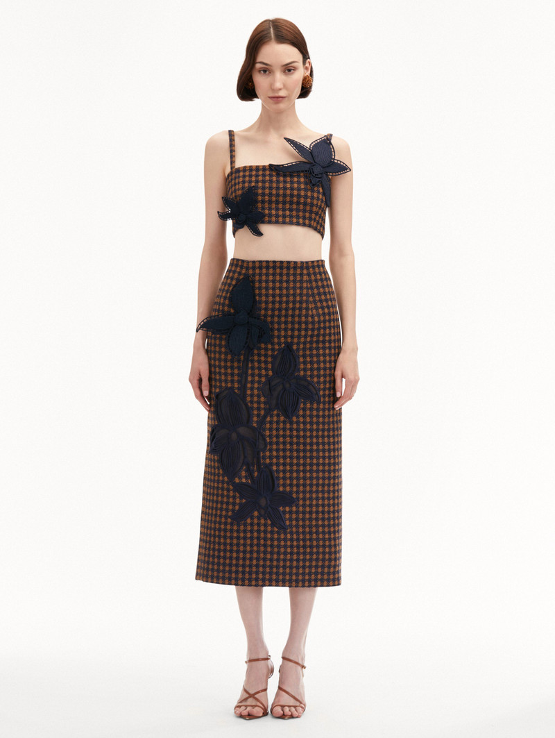 Oscar de la Renta CHECK TWEED ORCHID EMBROIDERED PENCIL SKIRT outlook