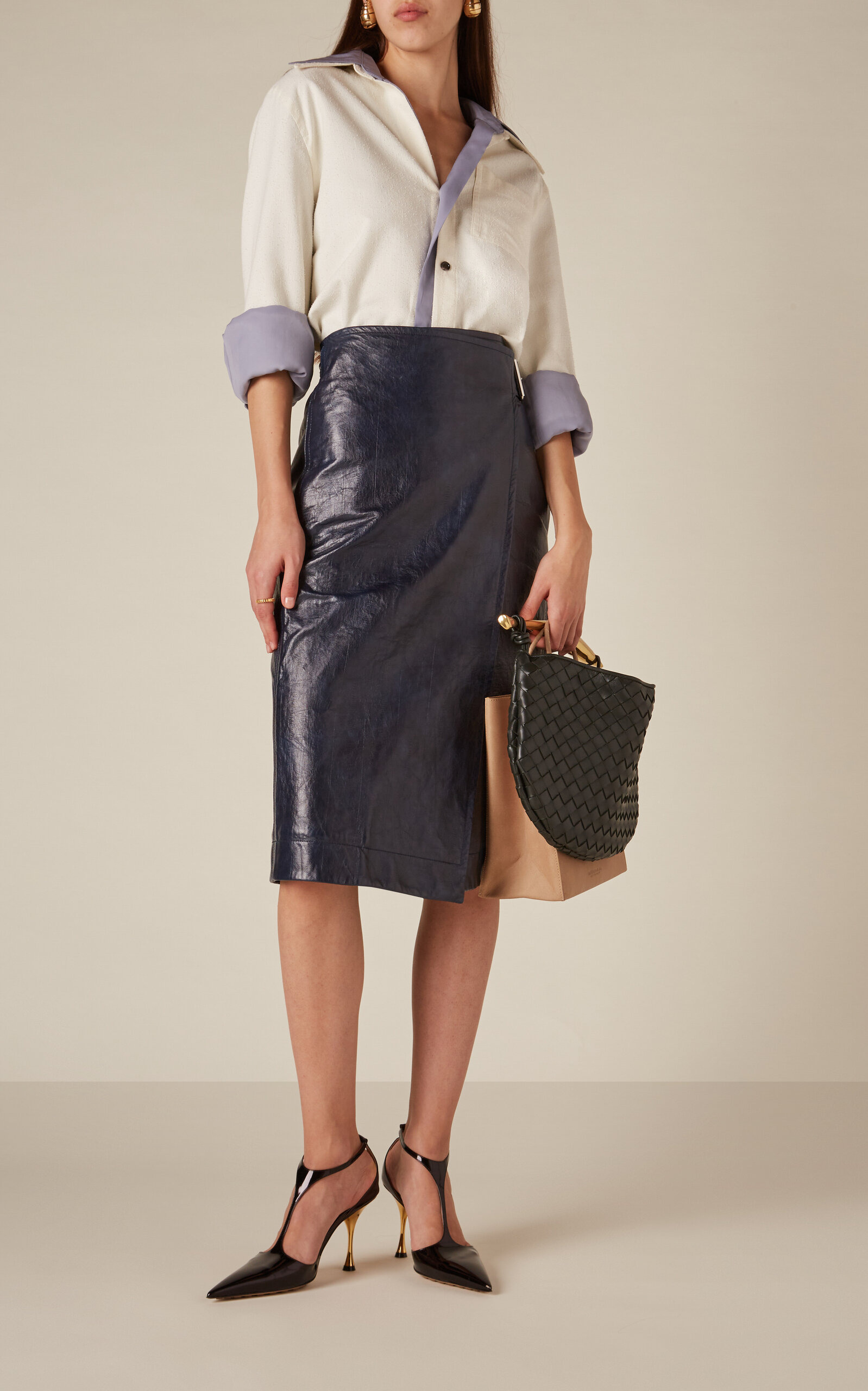 Belted Embossed-Leather Midi Pencil Skirt navy - 3