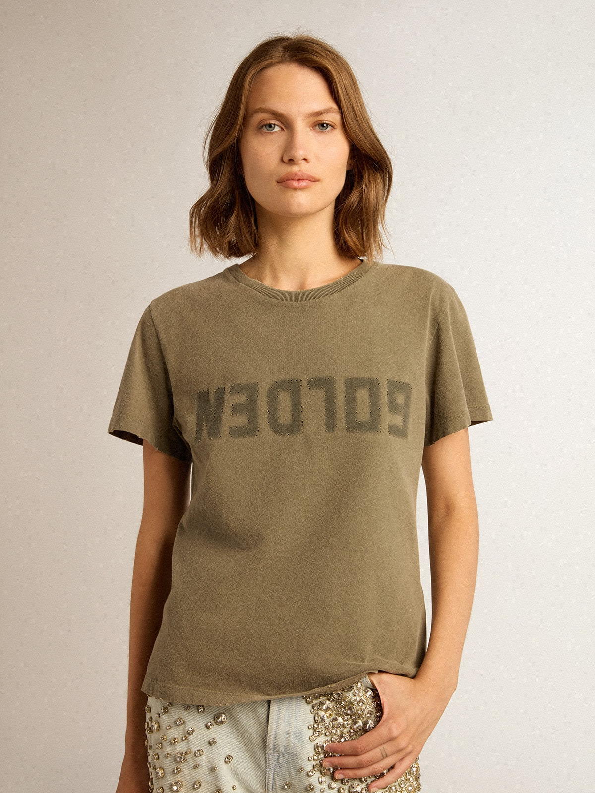 Women's olive green T-shirt with Golden lettering - 5
