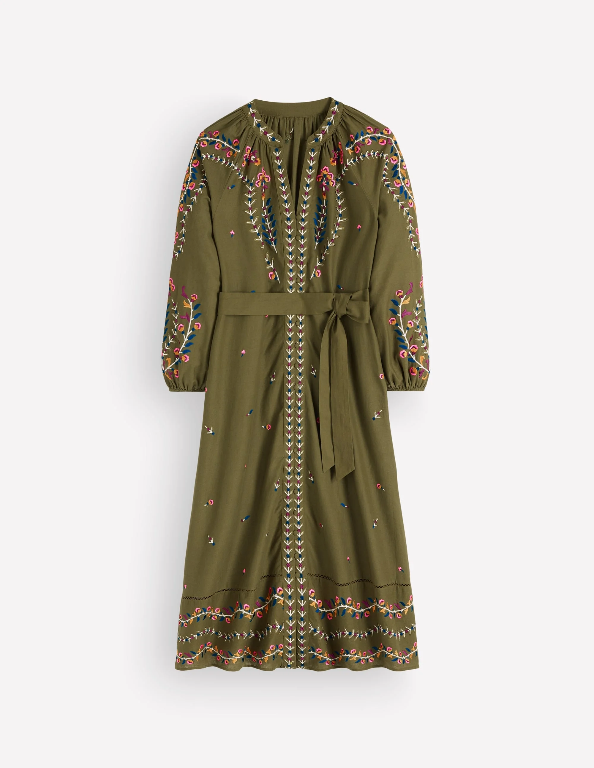 Embroidered Linen Dress-Woodland Green, Embroidery - 1