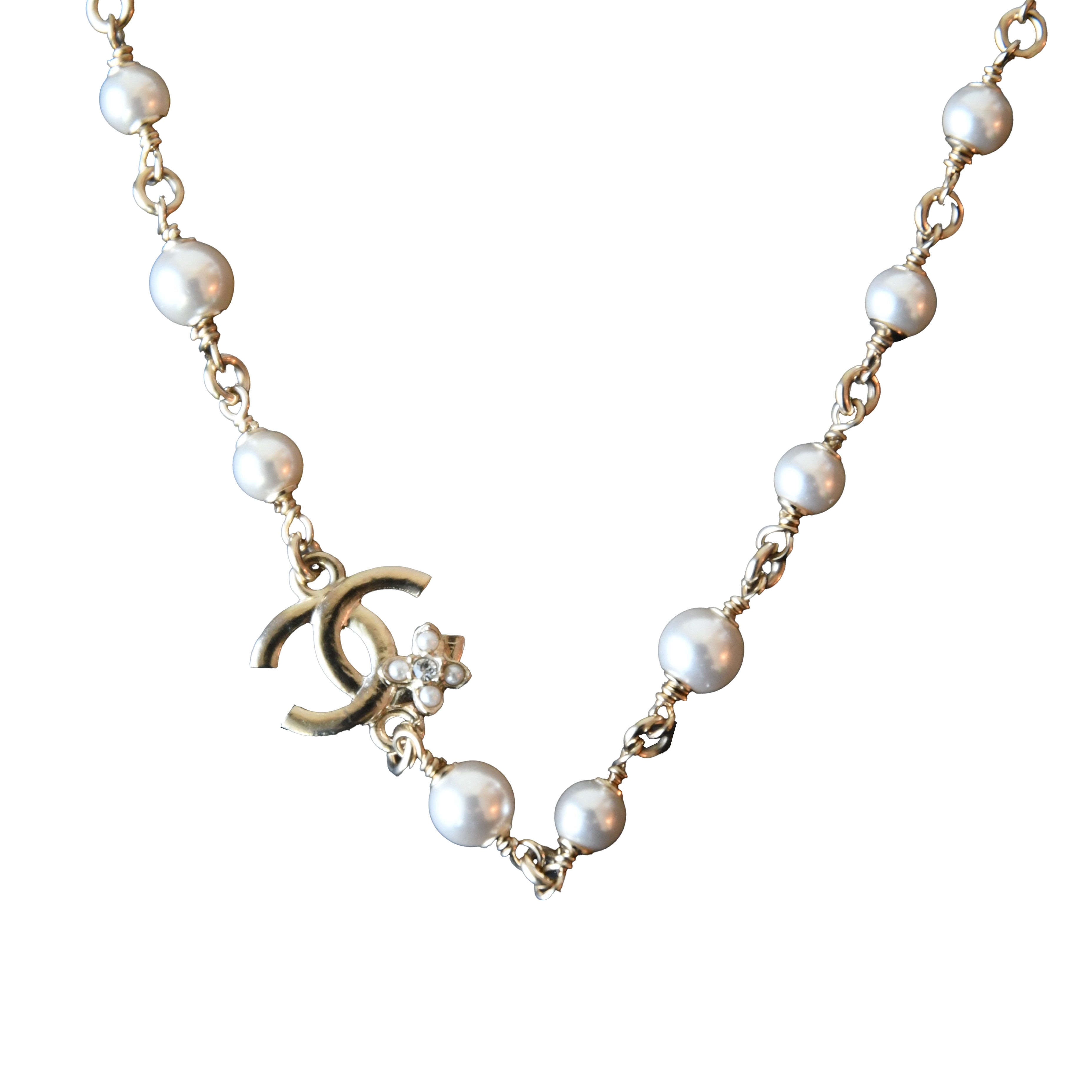 Chanel 23K Metal CC Floral Pearl Necklace Gold - 2