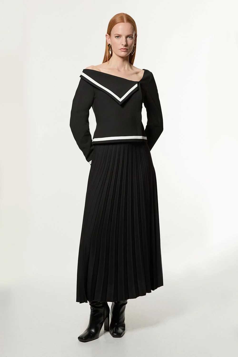 Petite Compact Stretch Asymmetric Neck Colour Block Pleated Tailored Midaxi Dress - 1