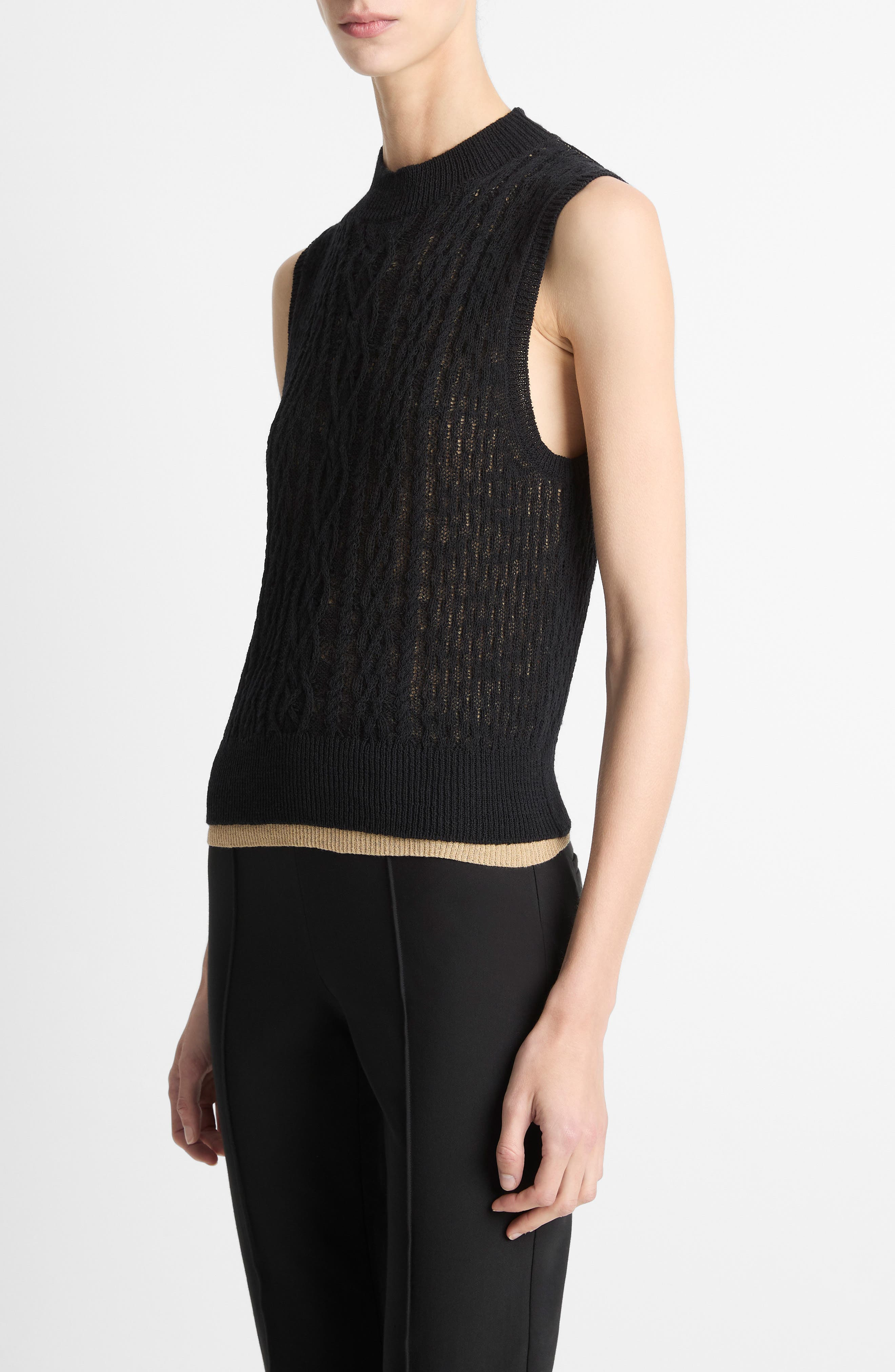 Vince Mock Neck Cable Stitch Sweater Vest in Black/gold Cliff at Nordstrom - 3