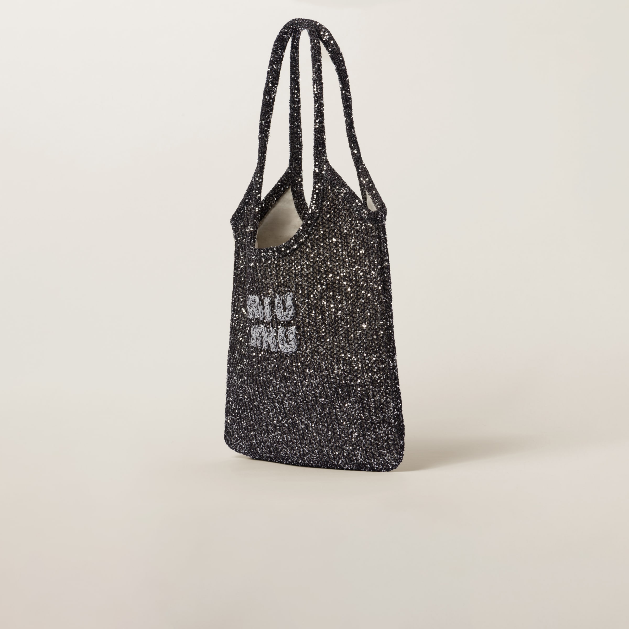 ●MiuMiu● Women's Mini Sequin Tote Bag Black 5BA2202F3OF000 Miu Miu Mesh tote bag with sequins | REVERSIBLE