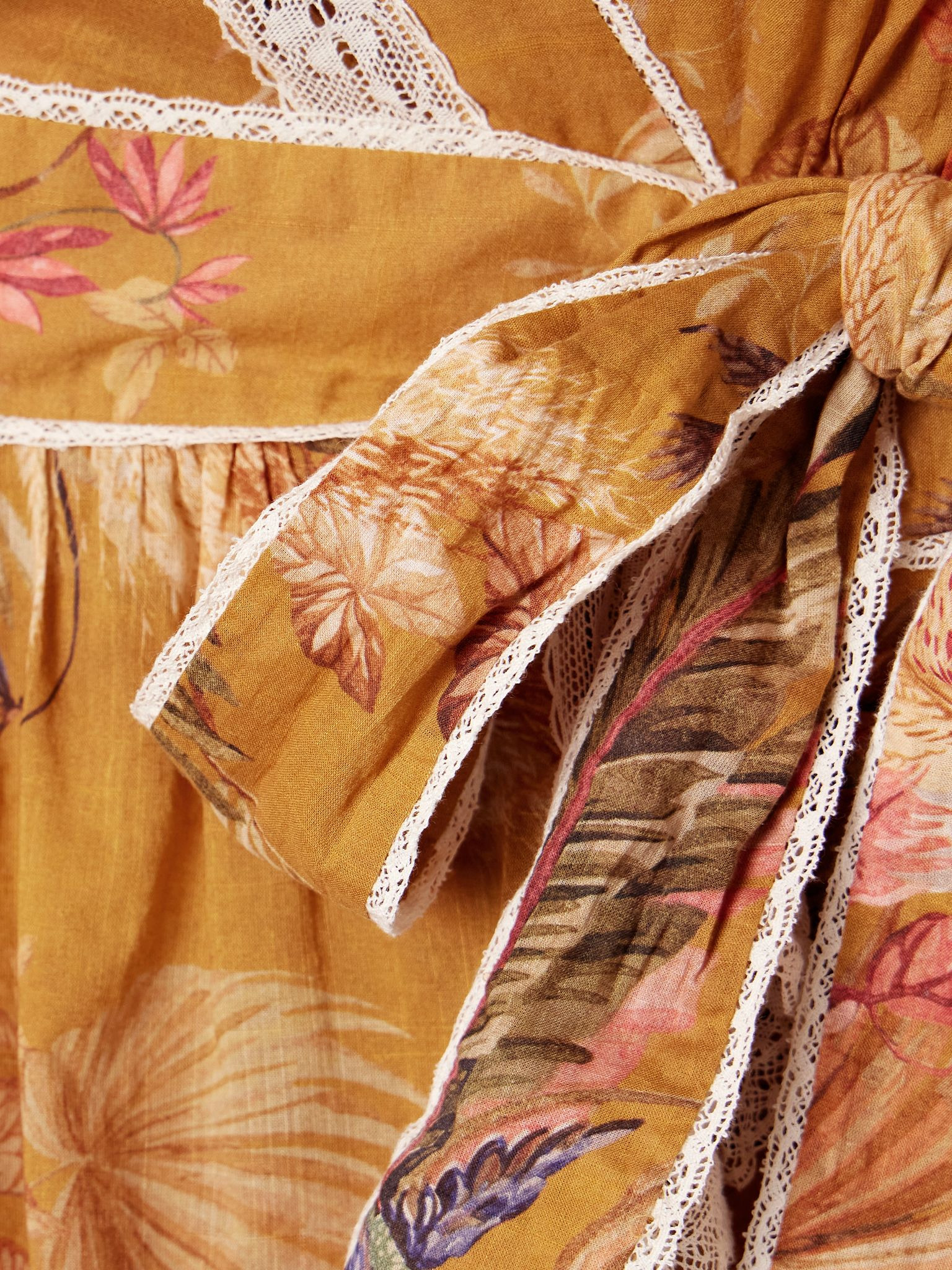 Ascension lace-trimmed tiered printed cotton-voile mini wrap dress Yellow - 4