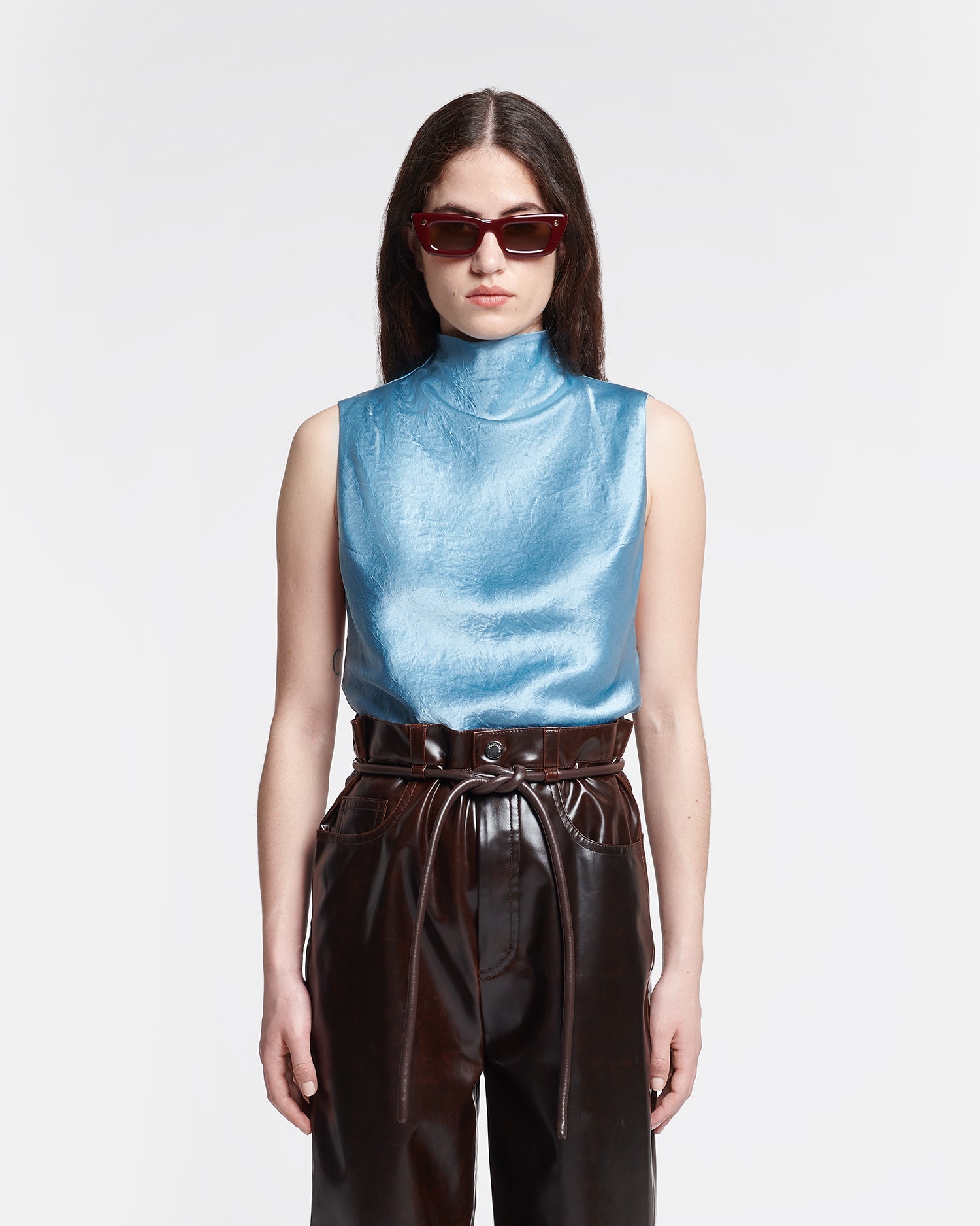 Crinkled-Satin Turtleneck Top - 2
