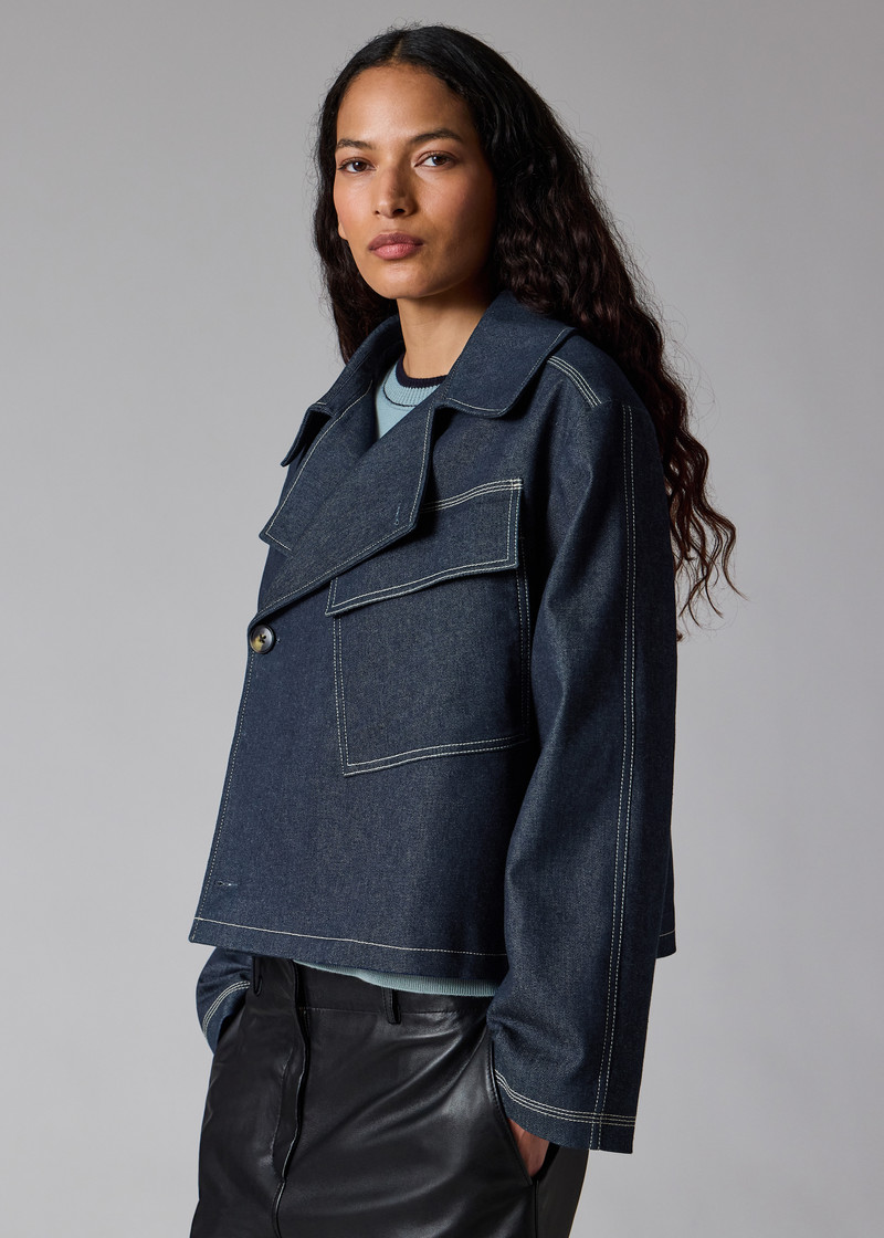 Denim Cotton-Blend Cropped Asymmetric Jacket with Topstitching 8