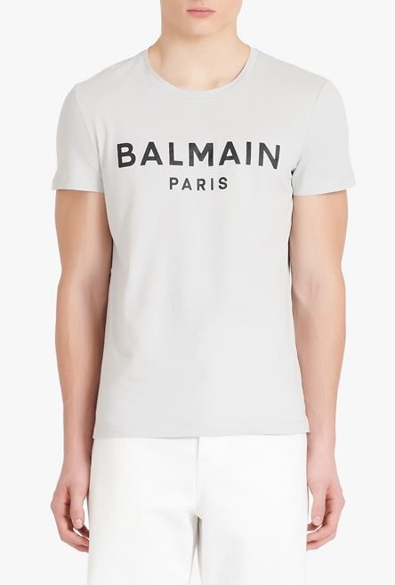 Light gray eco-designed cotton T-shirt with black Balmain Paris logo print - 5