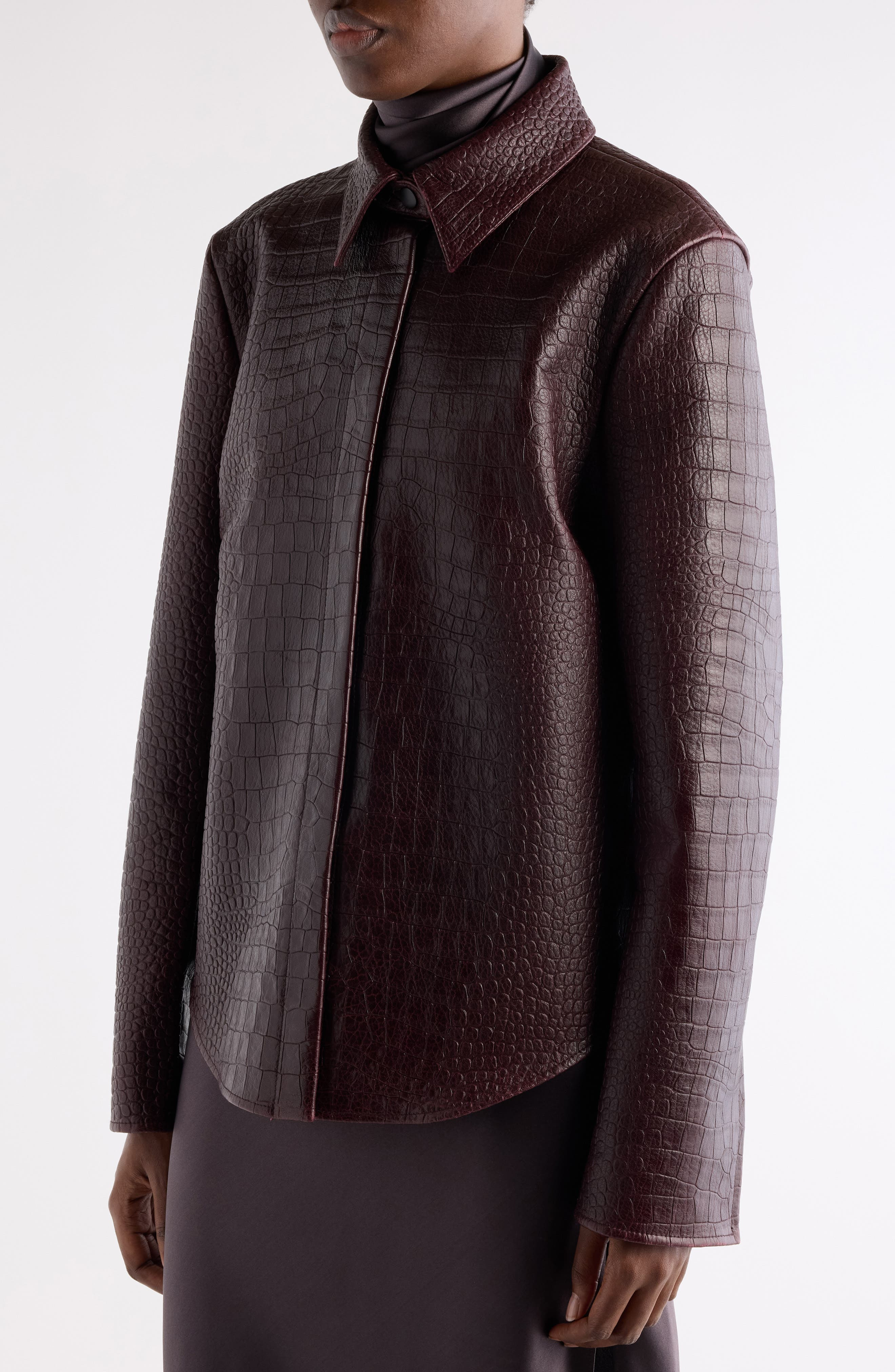 Acne Studios Lamank Croc Embossed Leather Shirt Jacket in Burgundy at Nordstrom - 5