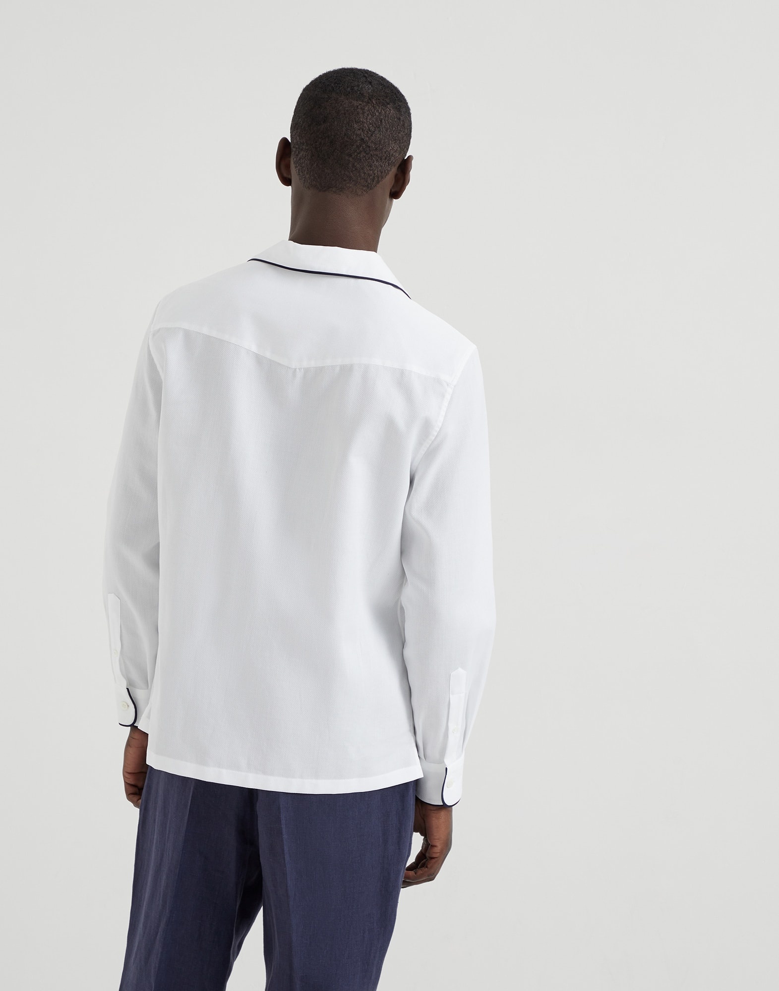 Honeycomb texture cotton easy fit shirt with camp collar and piping - 2