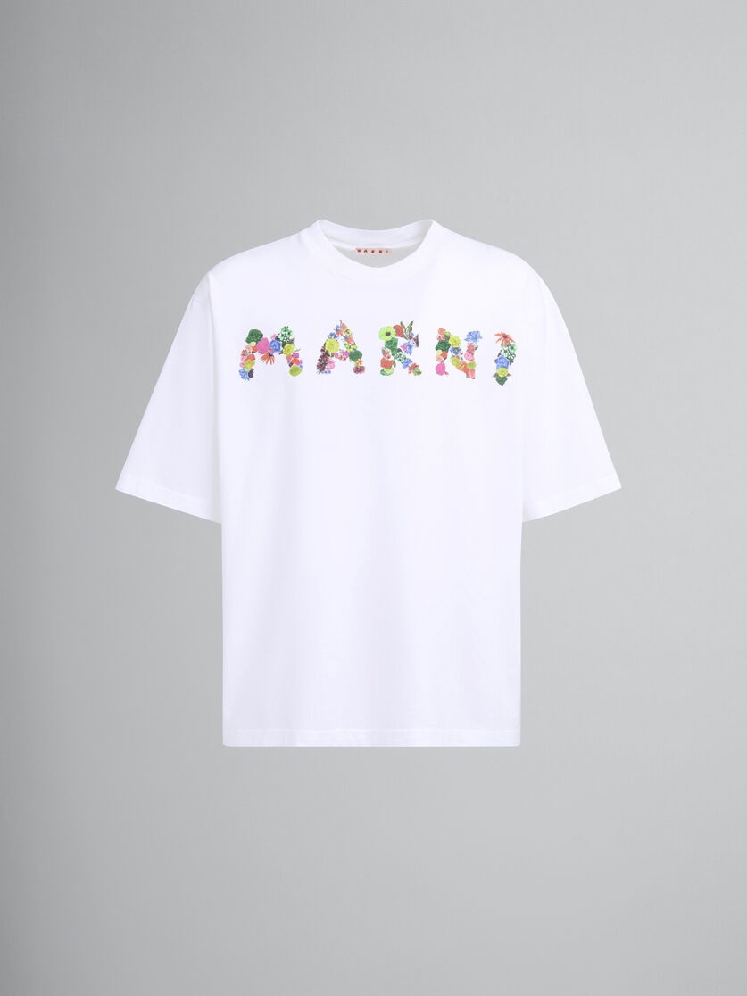 WHITE COTTON T-SHIRT WITH BOUQUET MARNI LOGO - 1