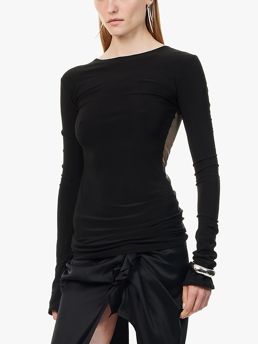 Square-neck long-sleeve sheer mesh top - 3