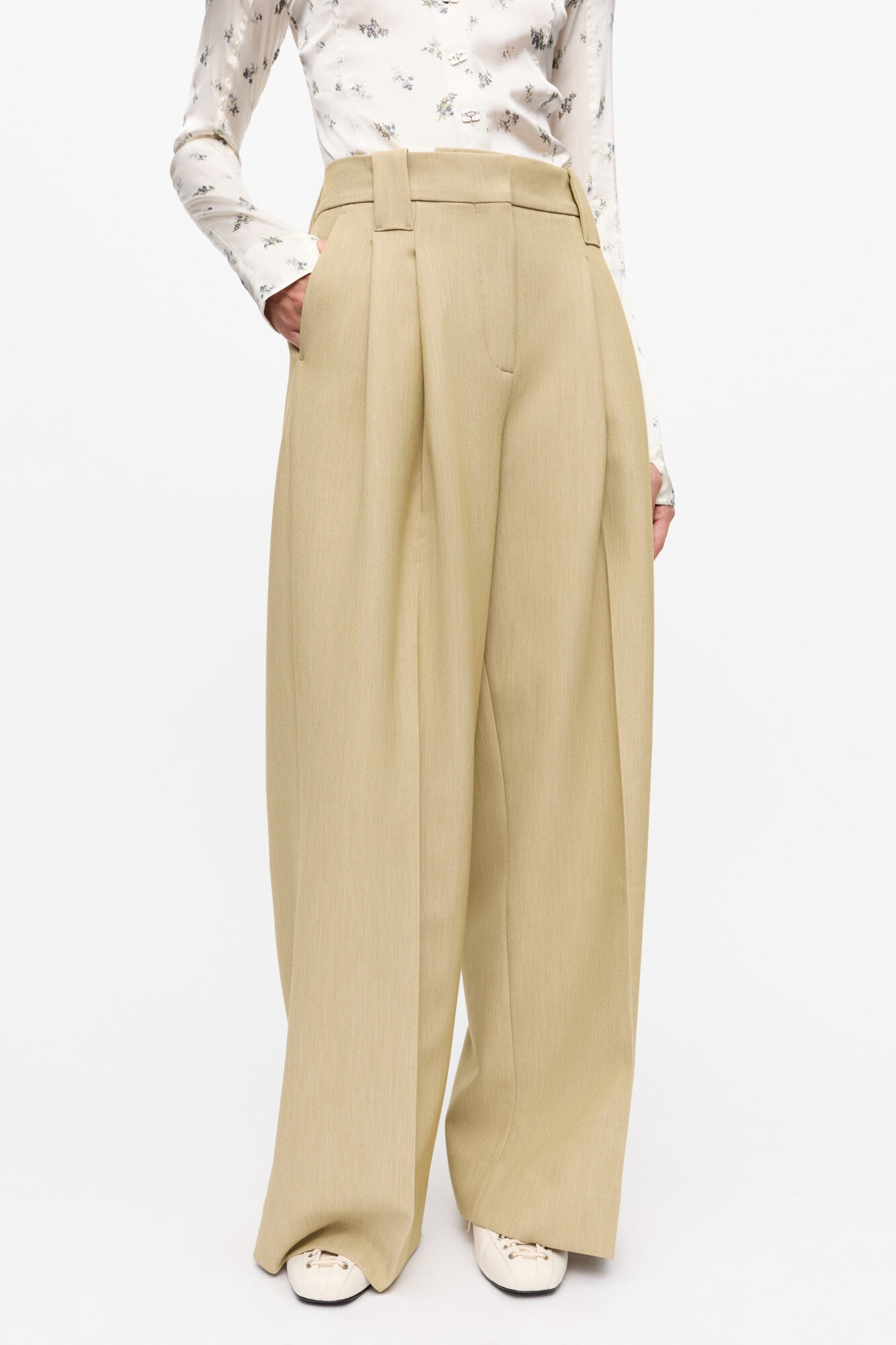 BEIGE TWILL SUITING MID WAIST PANTS - 3