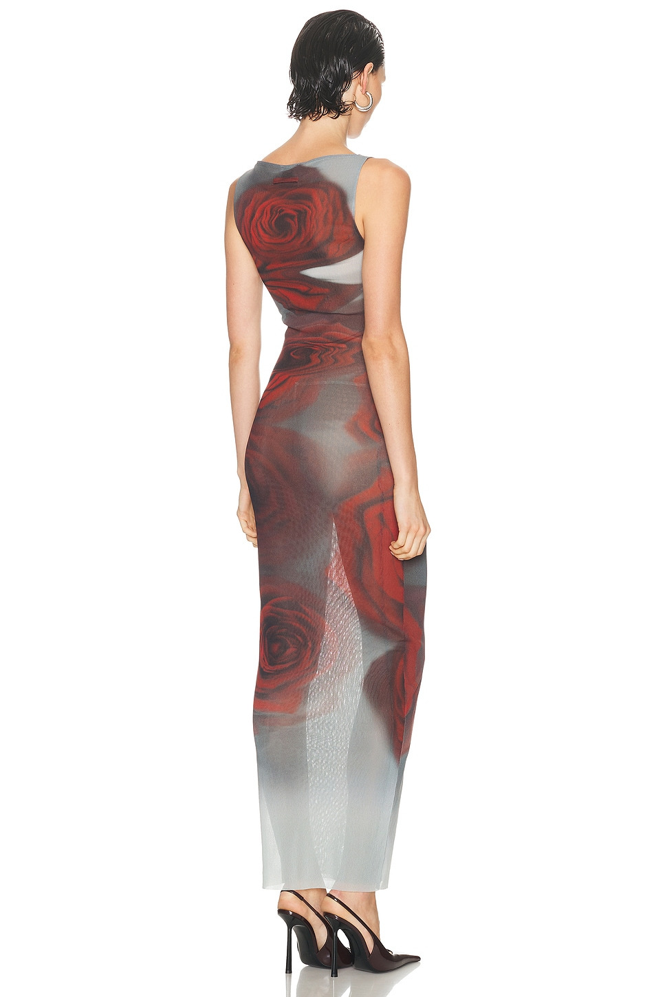 Boat Neck Blurry Roses Printed Sleeveless Dress - 4