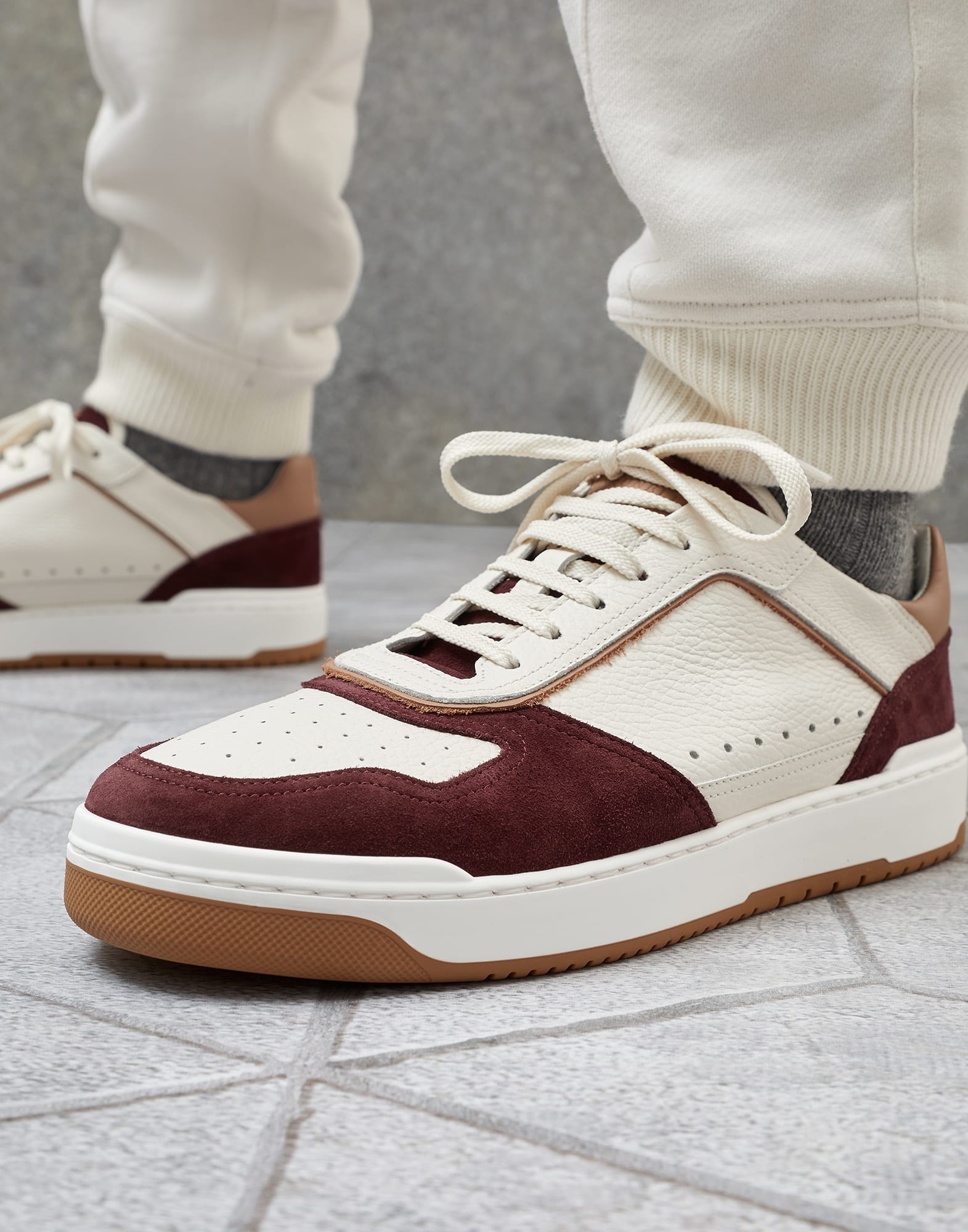 Grained calfskin and washed suede basket sneakers - 4