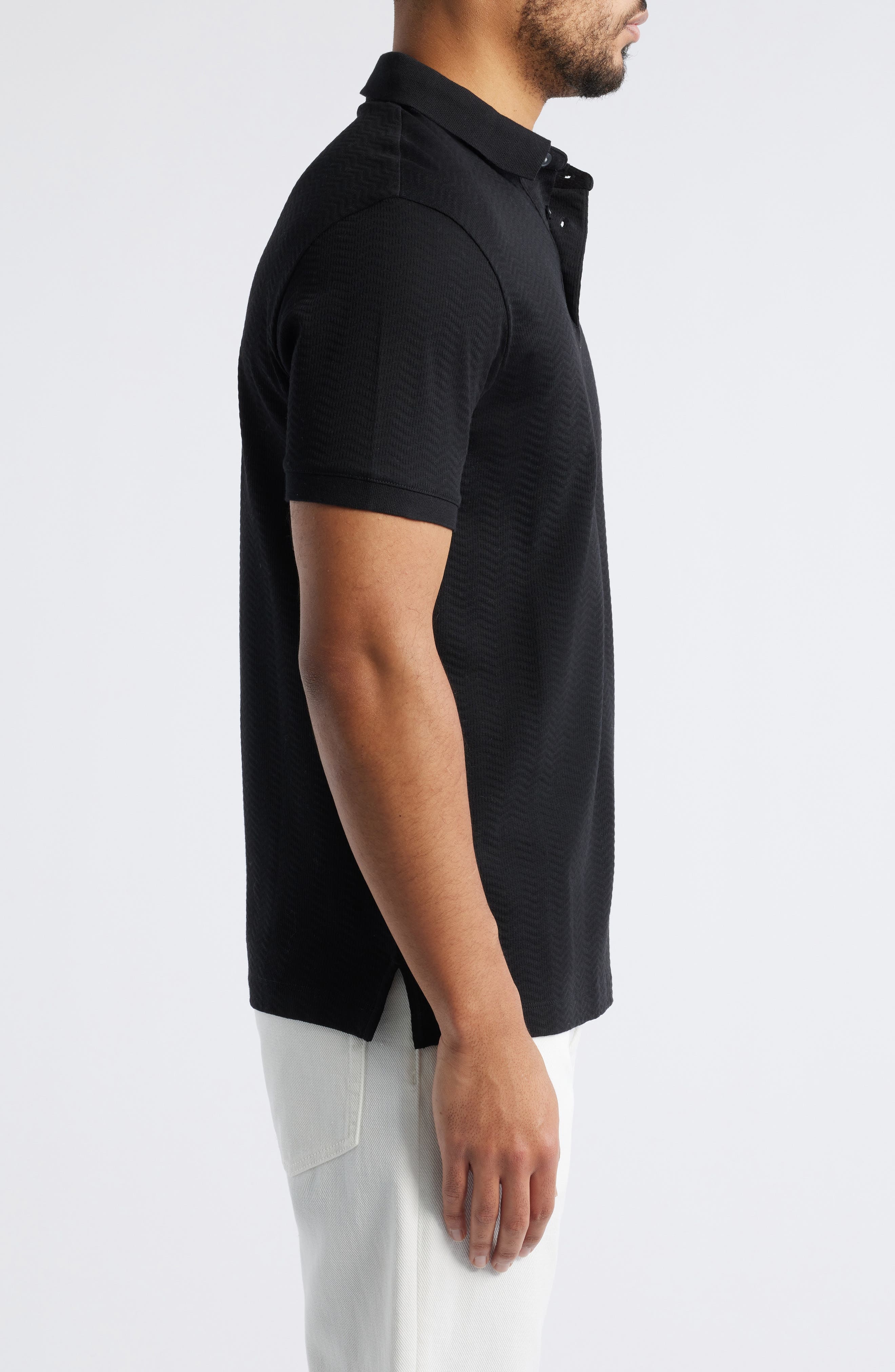 Emporio Armani Tonal Textured Wave Cotton Polo in Black at Nordstrom - 3
