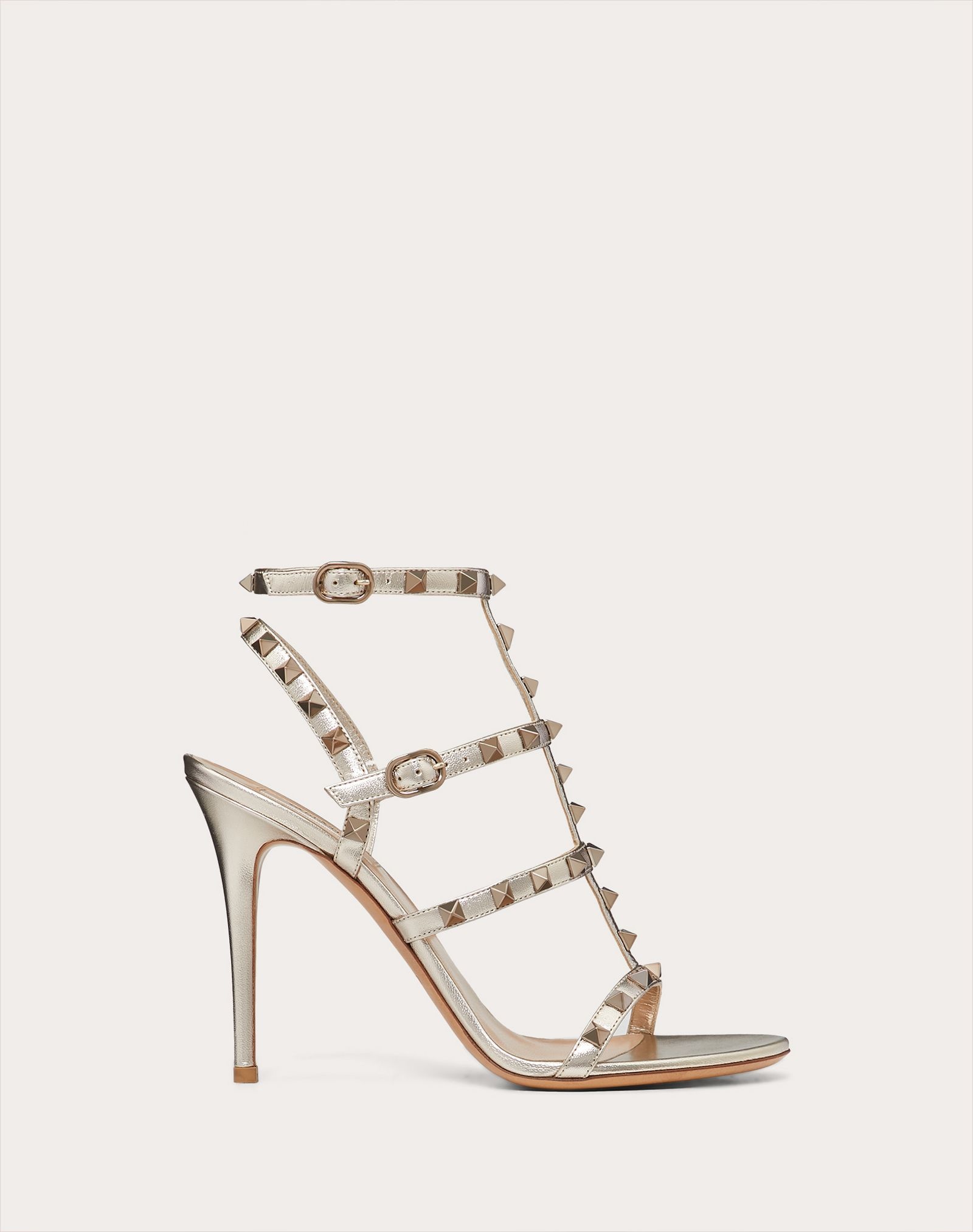 Rockstud Metallic Calfskin Leather Ankle Strap Sandal 100 mm - 1