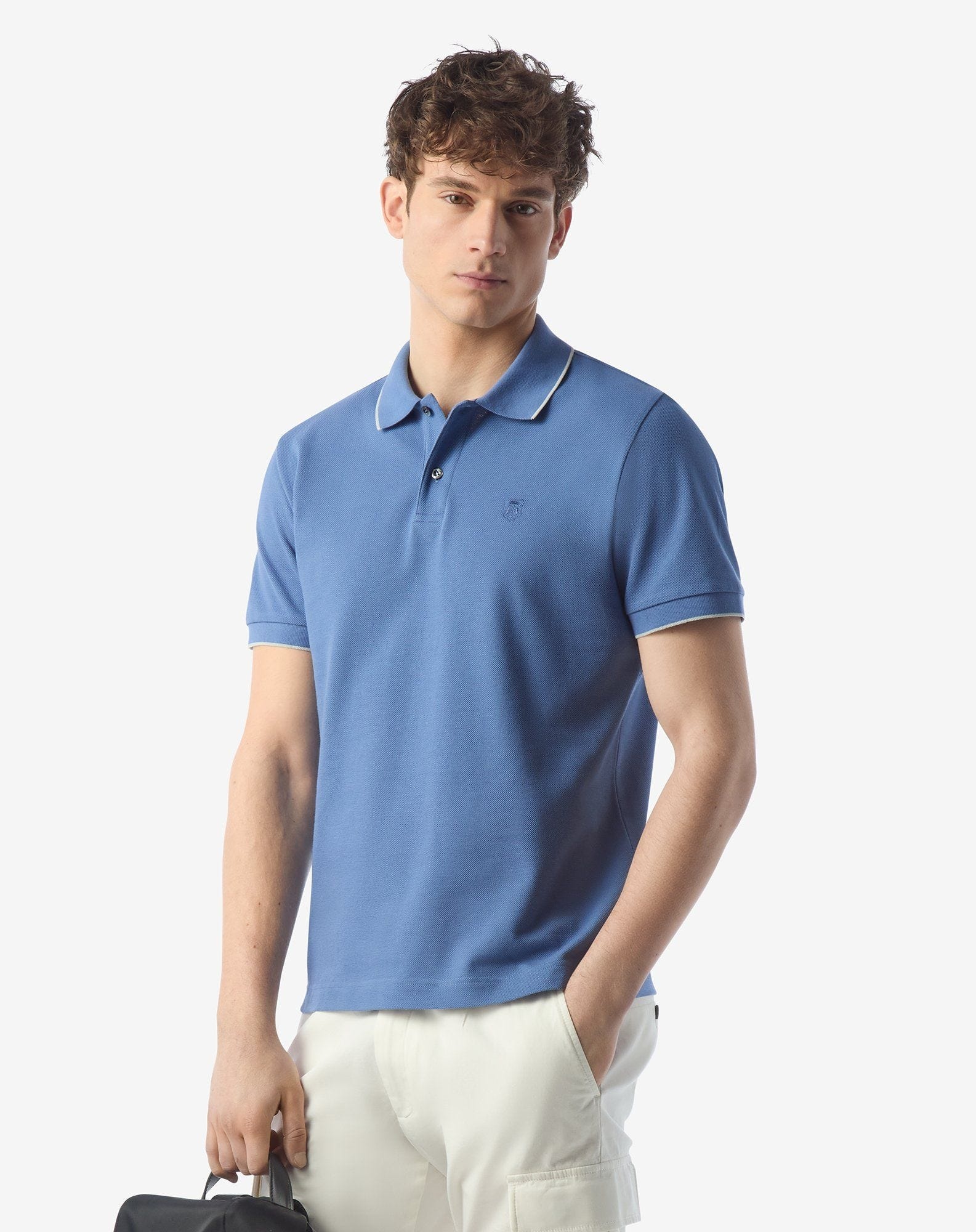 Light blue button-up compact cotton pique polo shirt - 2