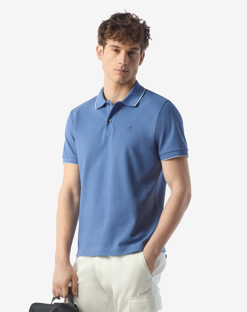 CORNELIANI Light blue button-up compact cotton pique polo shirt outlook