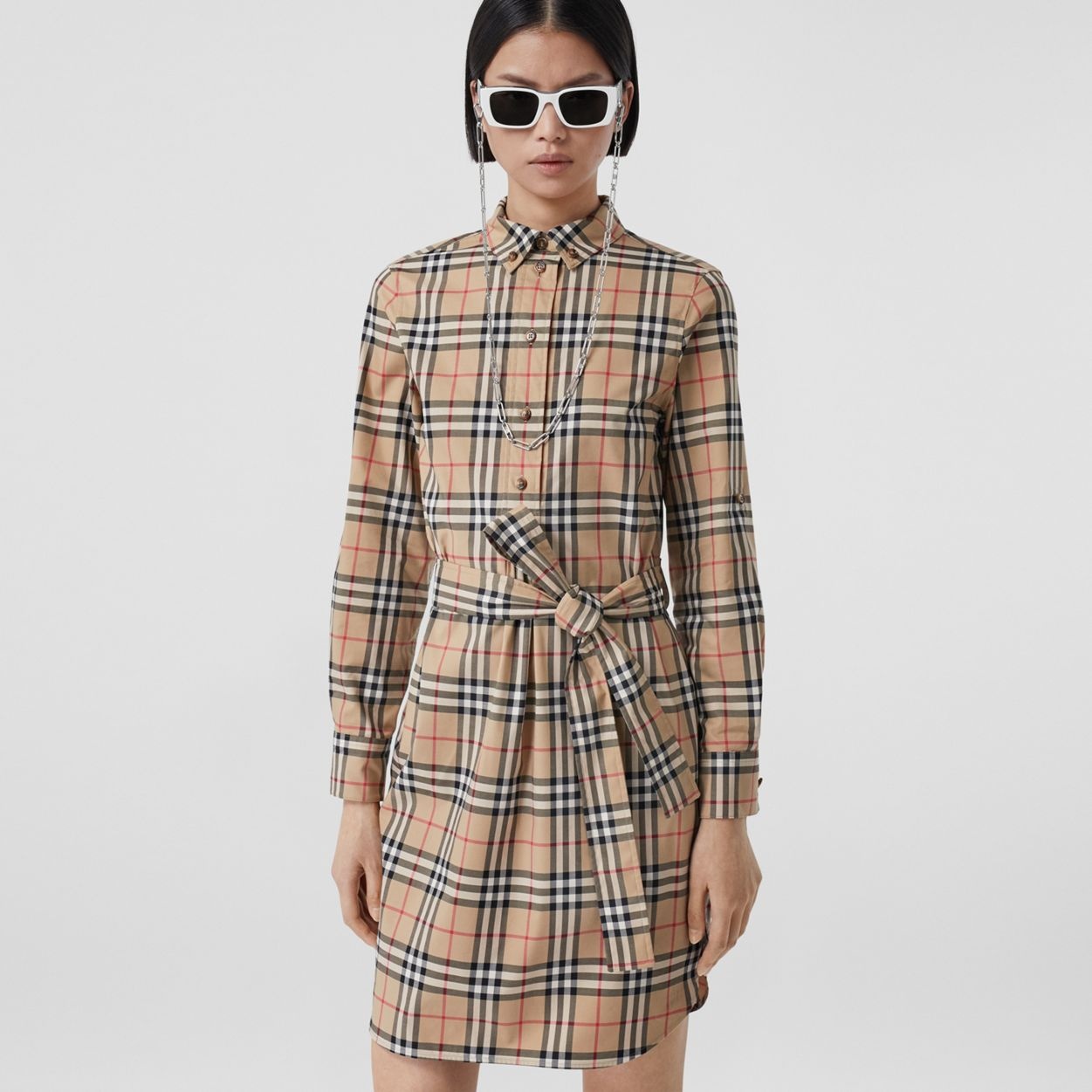 Vintage Check Stretch Cotton Tie-waist Shirt Dress - 7