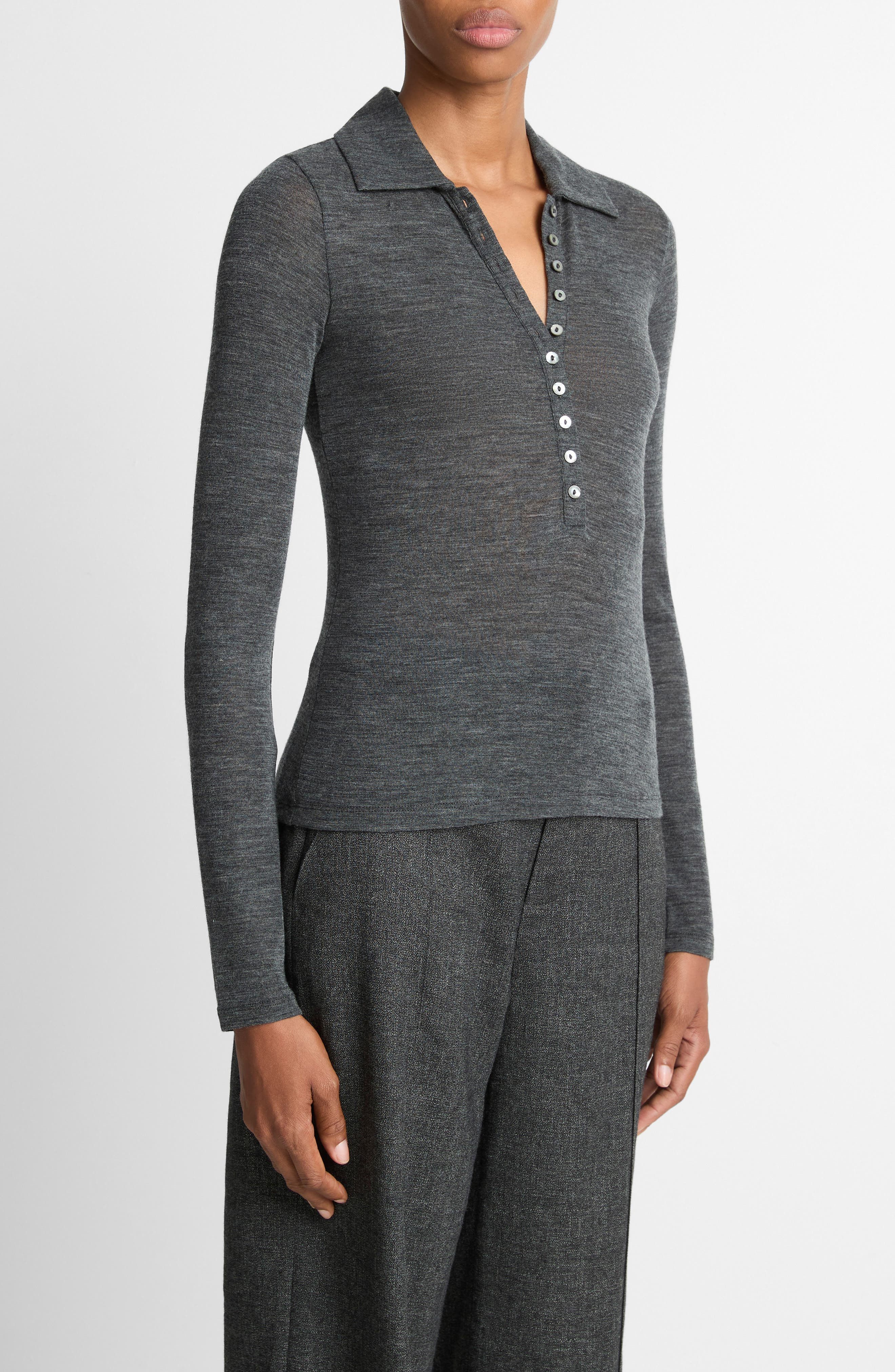 Vince Wool Long Sleeve Polo in Medium Heather Grey at Nordstrom - 3