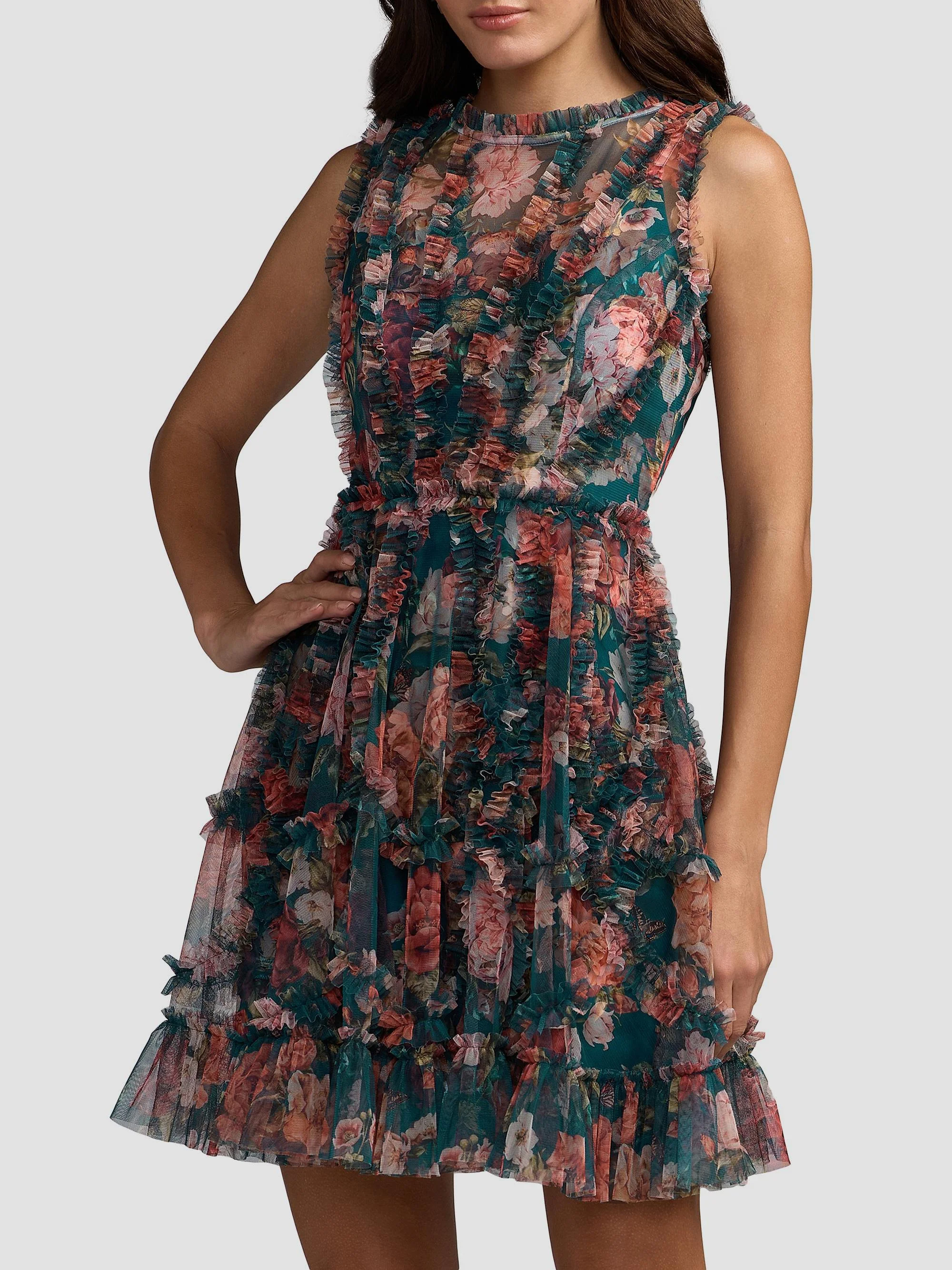 Women's Floral Micro Ruffle Minidress - Teal Multi - 1