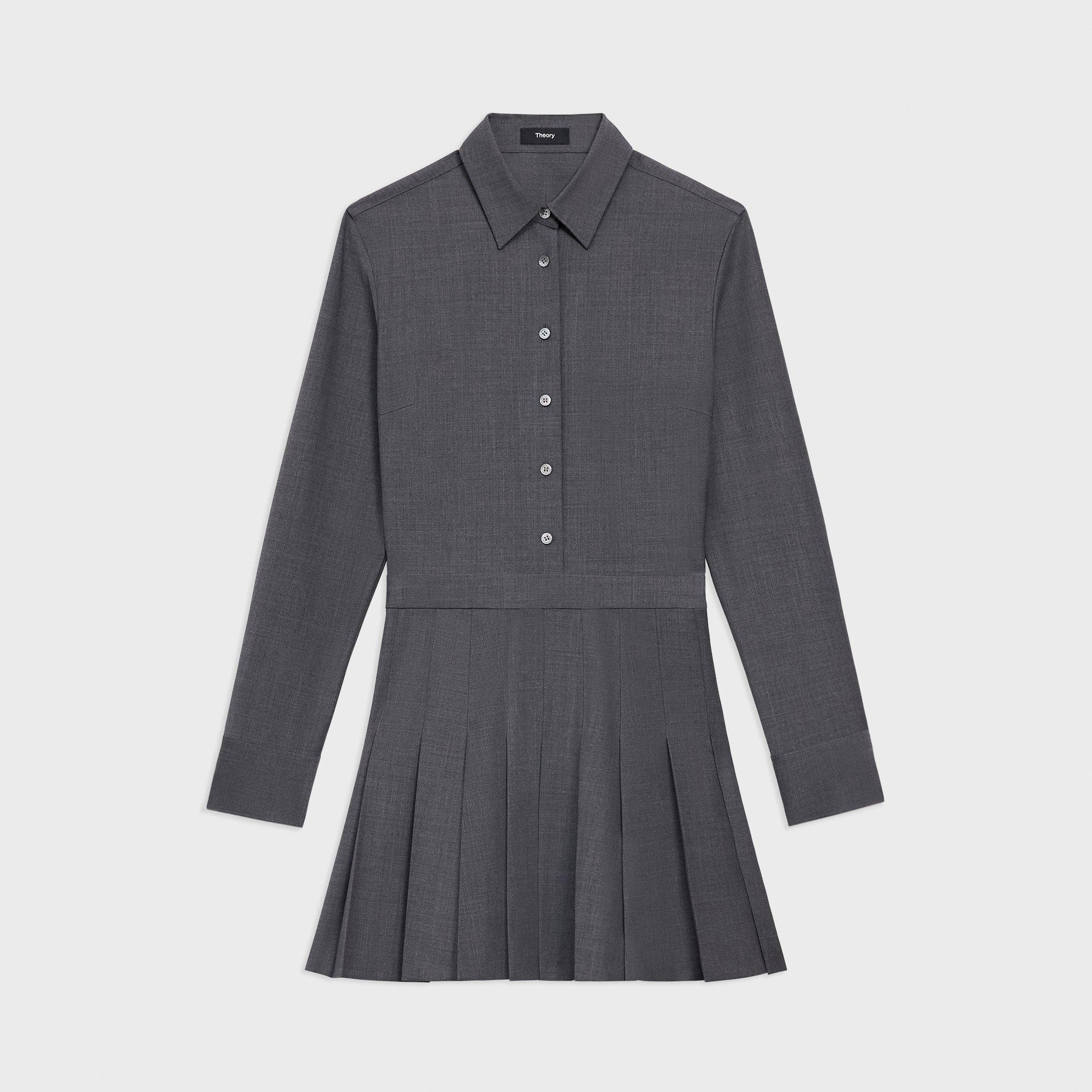 Pleated Mini Shirt Dress in Stretch Wool-Blend - 1