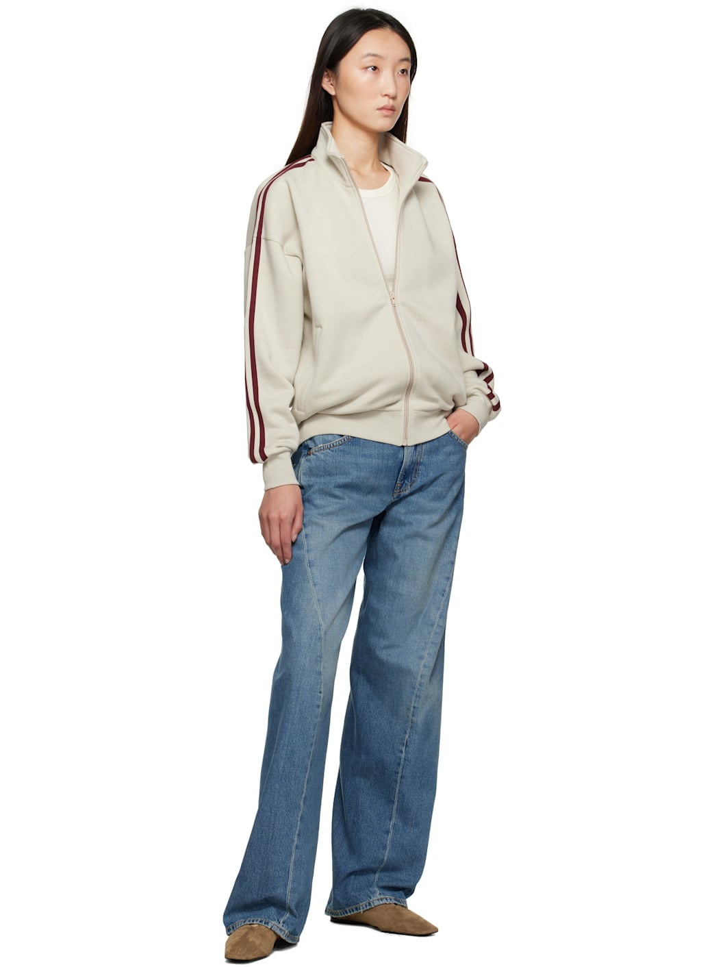 Beige & Burgundy Fleecy Track Zip Up Sweatshirt - 4