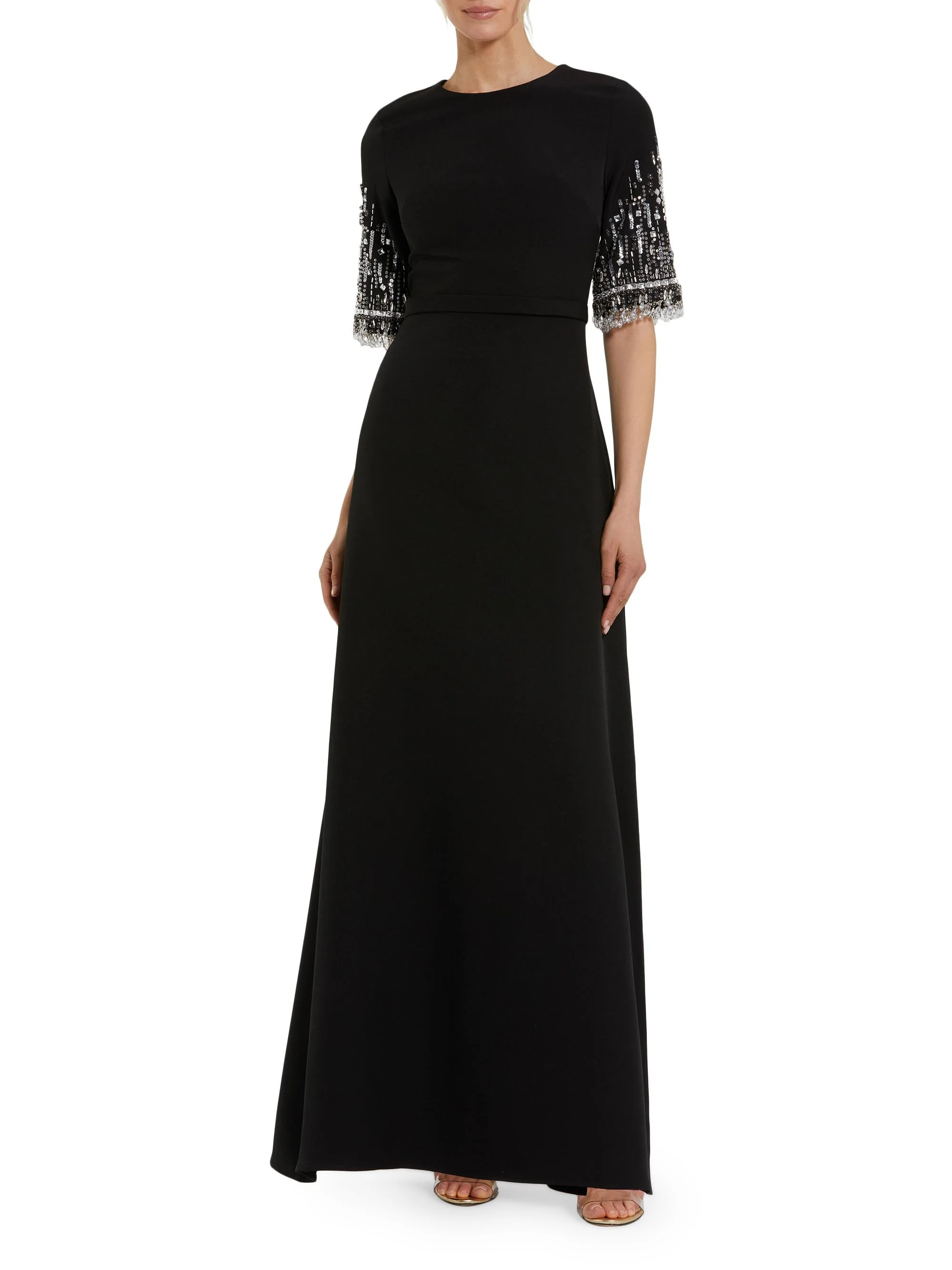 Women's Crêpe Beaded-Sleeve A-Line Gown - Black - 1