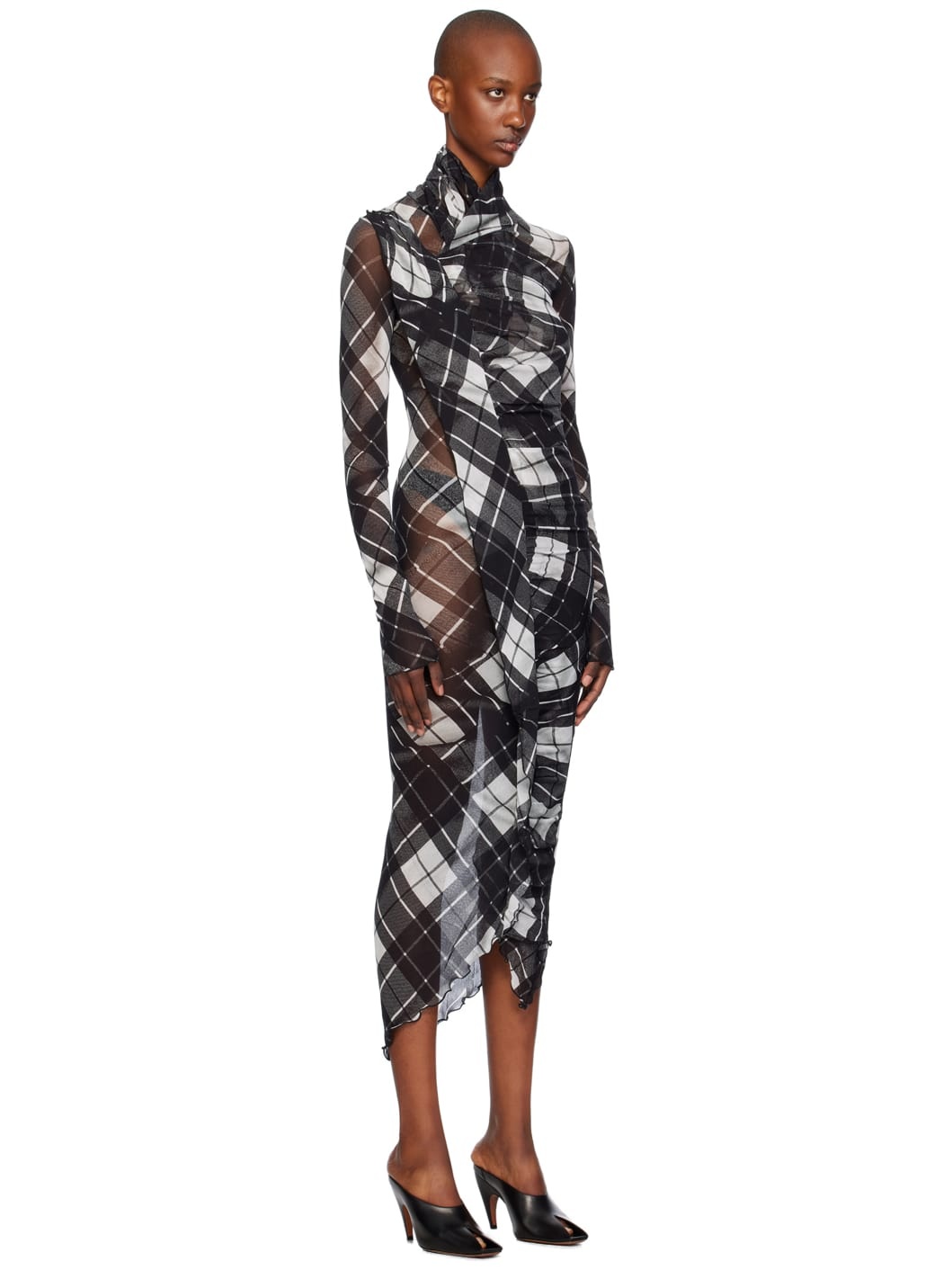 Black & White Distorted Tartan Midi Dress - 2