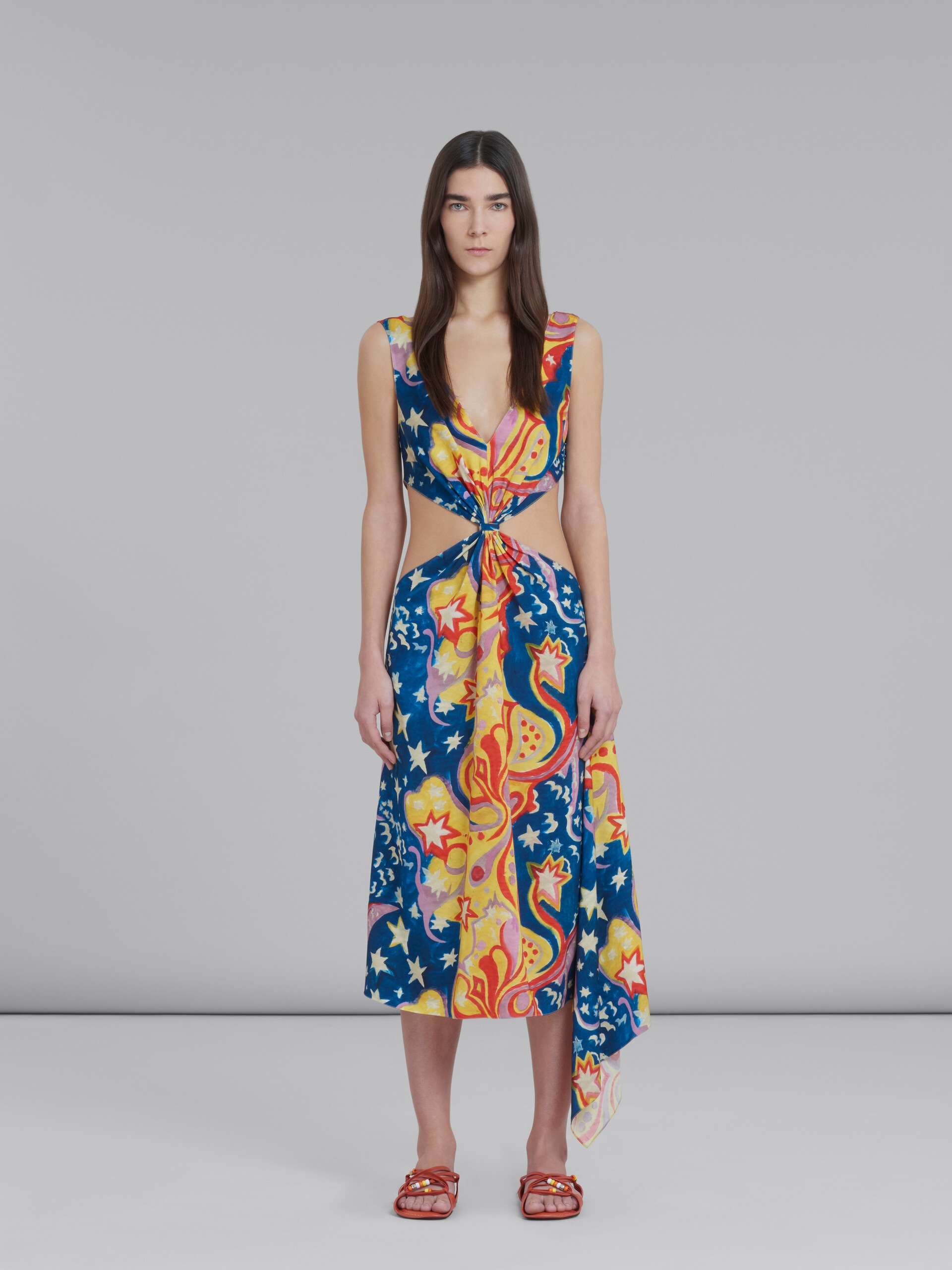 PRINTED SATIN EFFECT MIDI DRESS - Multicolored