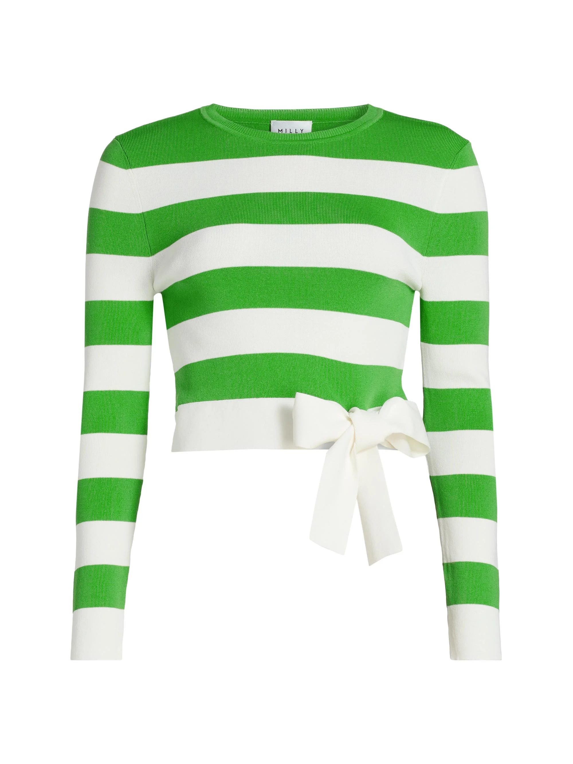 Women's Gia Striped Bow-Detail Crop Pullover Sweater - Green White - 1
