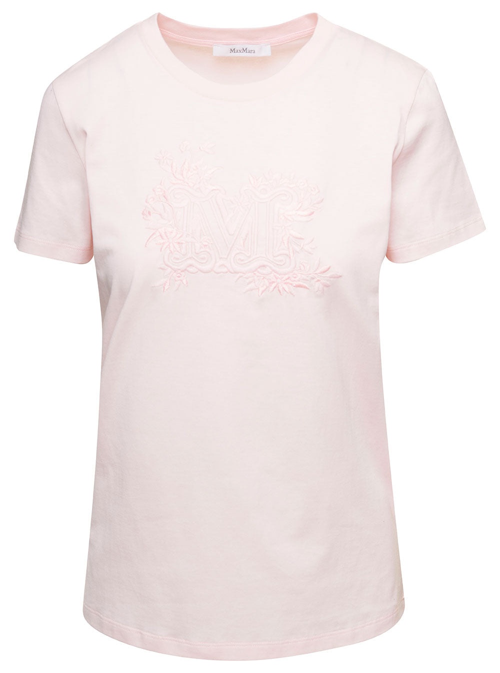 Max Mara Women Pink Crew Neck T-Shirt With Embroidered Logo On The Chest In Cotton Woman - 1