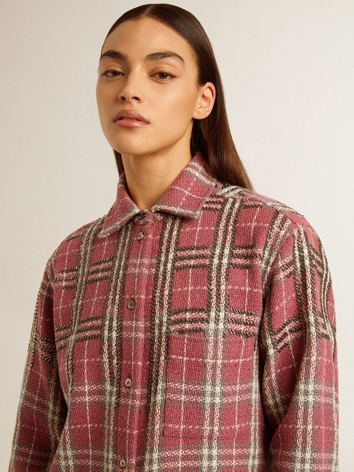 Women's shirt with pink, sand and gray check embroidery - 6