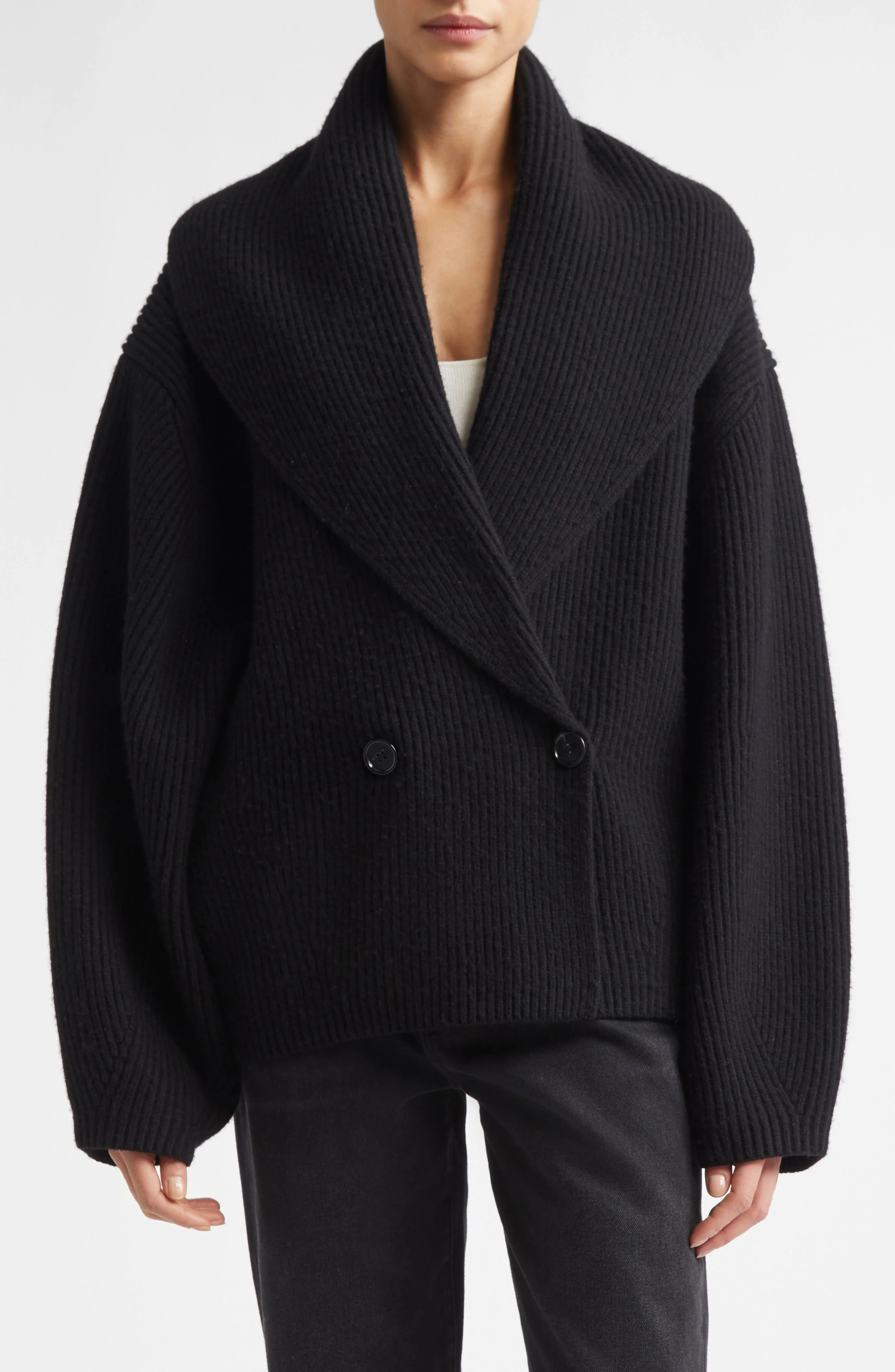 TOTEME Shawl Collar Wool Rib Cardigan in Black at Nordstrom - 1