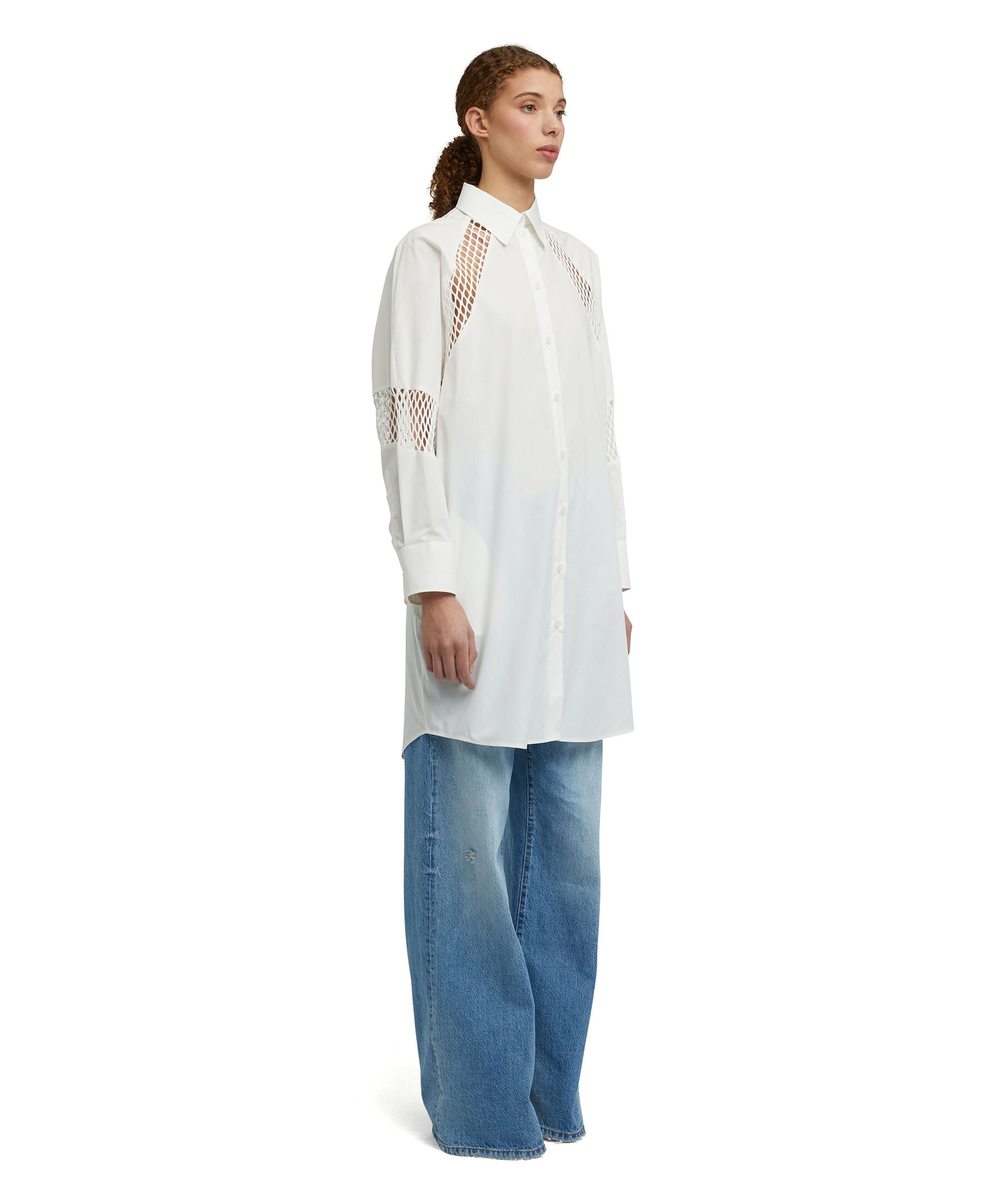 Poplin cotton tailored chemisier dress with mesh details - 3