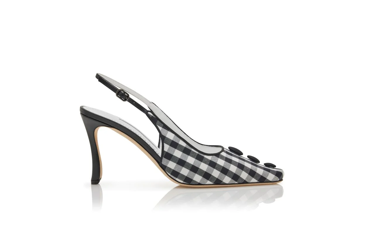 Black and White Cotton Gingham Slingback Pumps - 1
